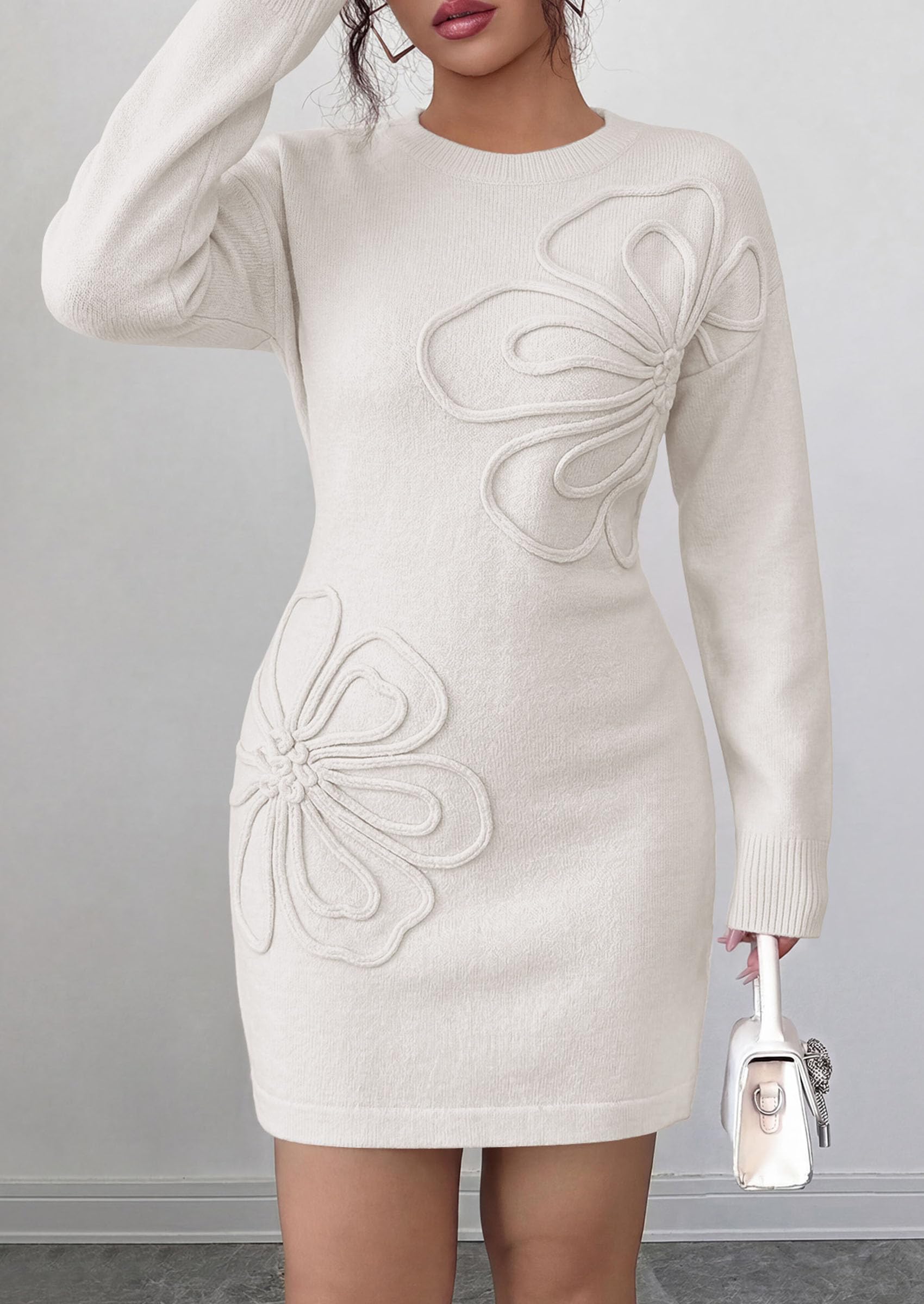 Women's Embroidered Long Sleeve Bodycon Mini Sweater Dress