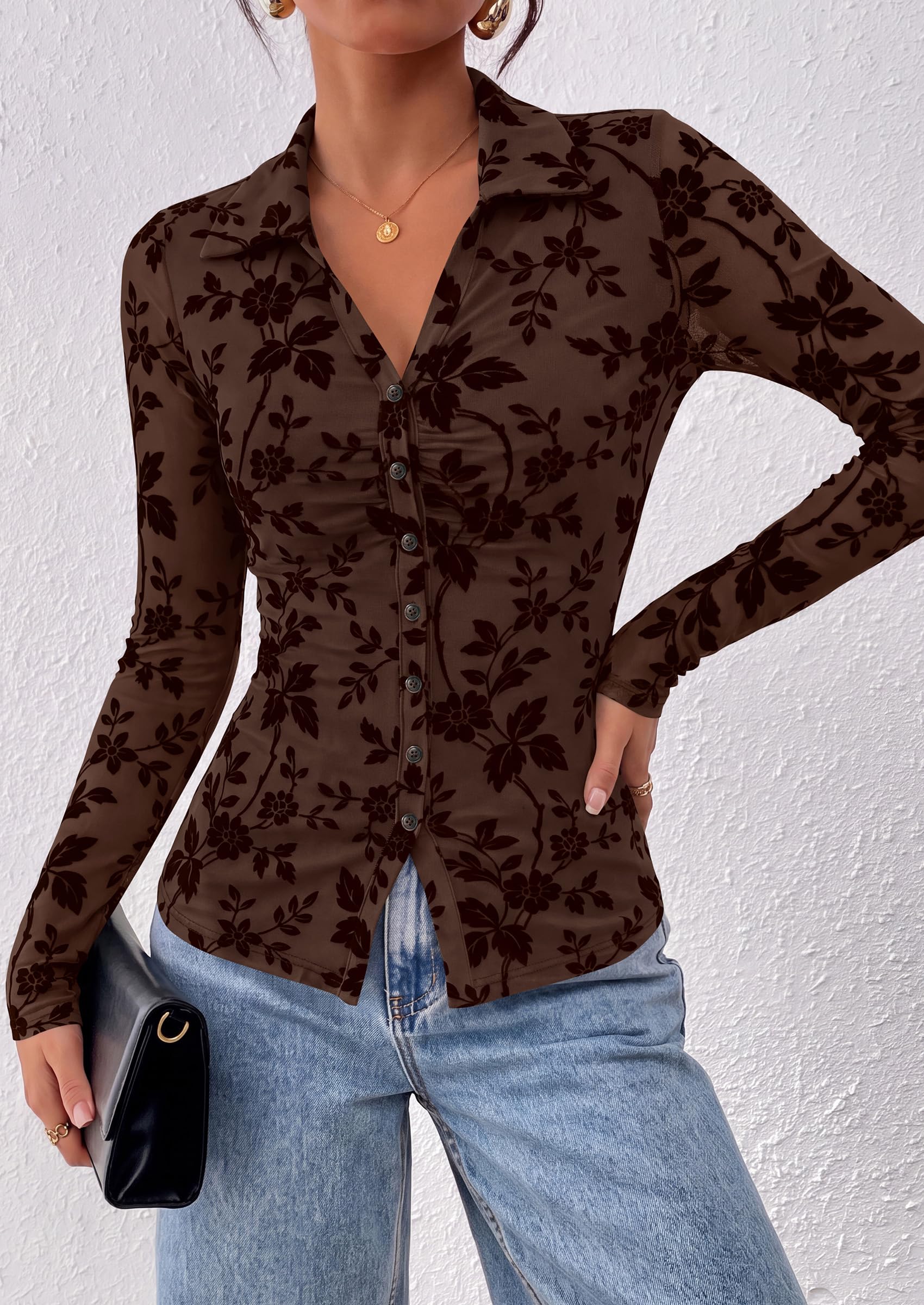 Women's Long Sleeve Floral Mesh Boho Tops Button Down Shirts