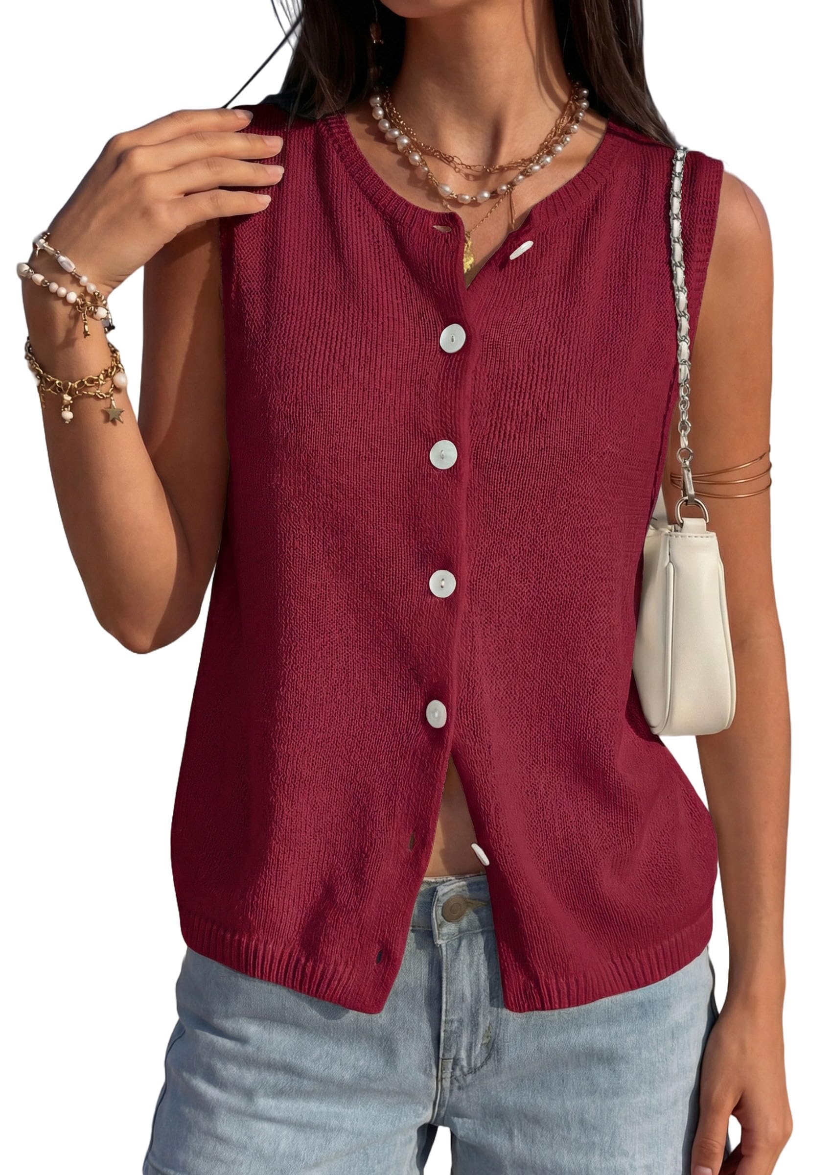 Women's Summer Button Up Sweater Vest Tops,Burgundy,S
