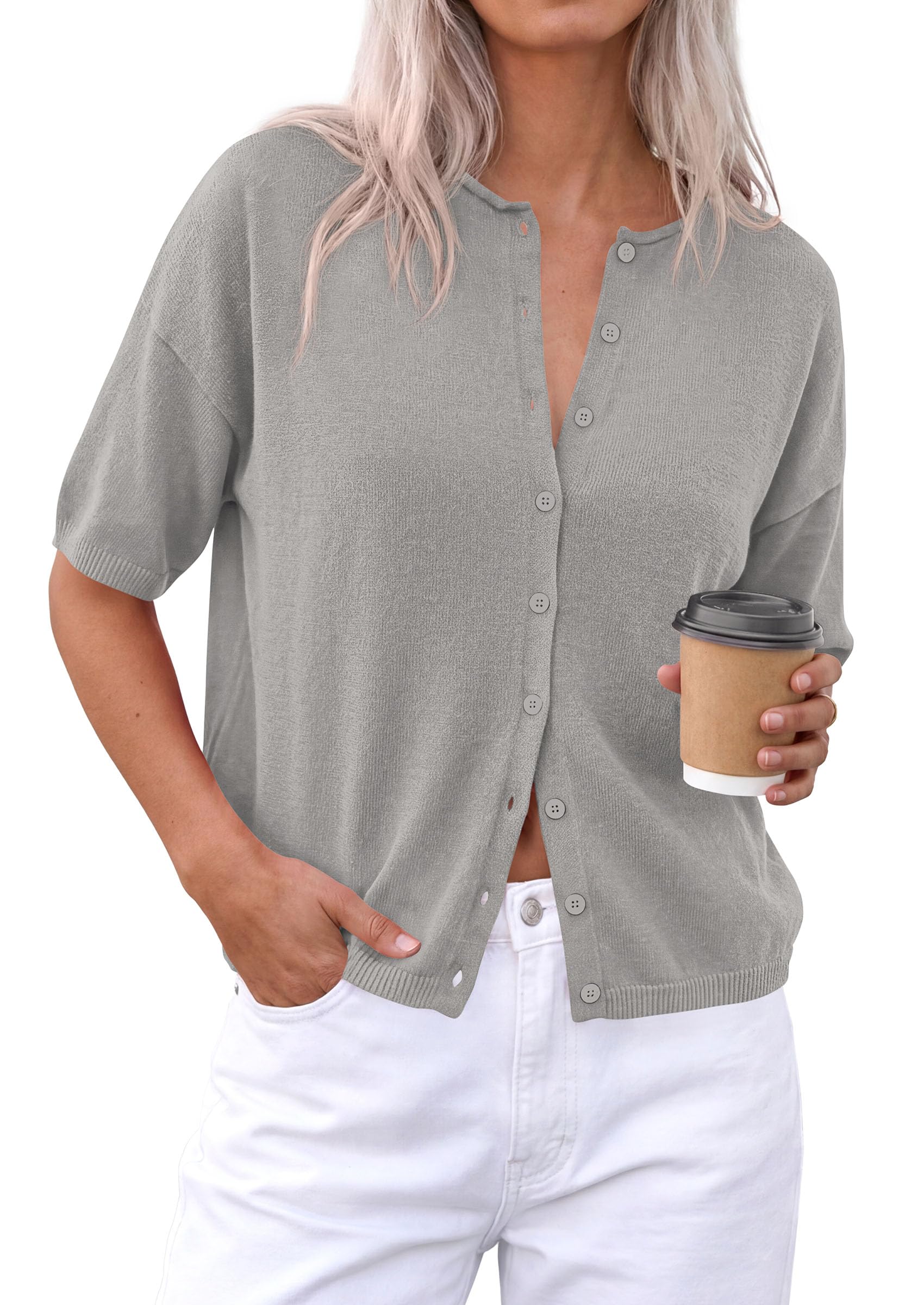 Women's Short Sleeve Cardigan Sweaters (Grey,Small)