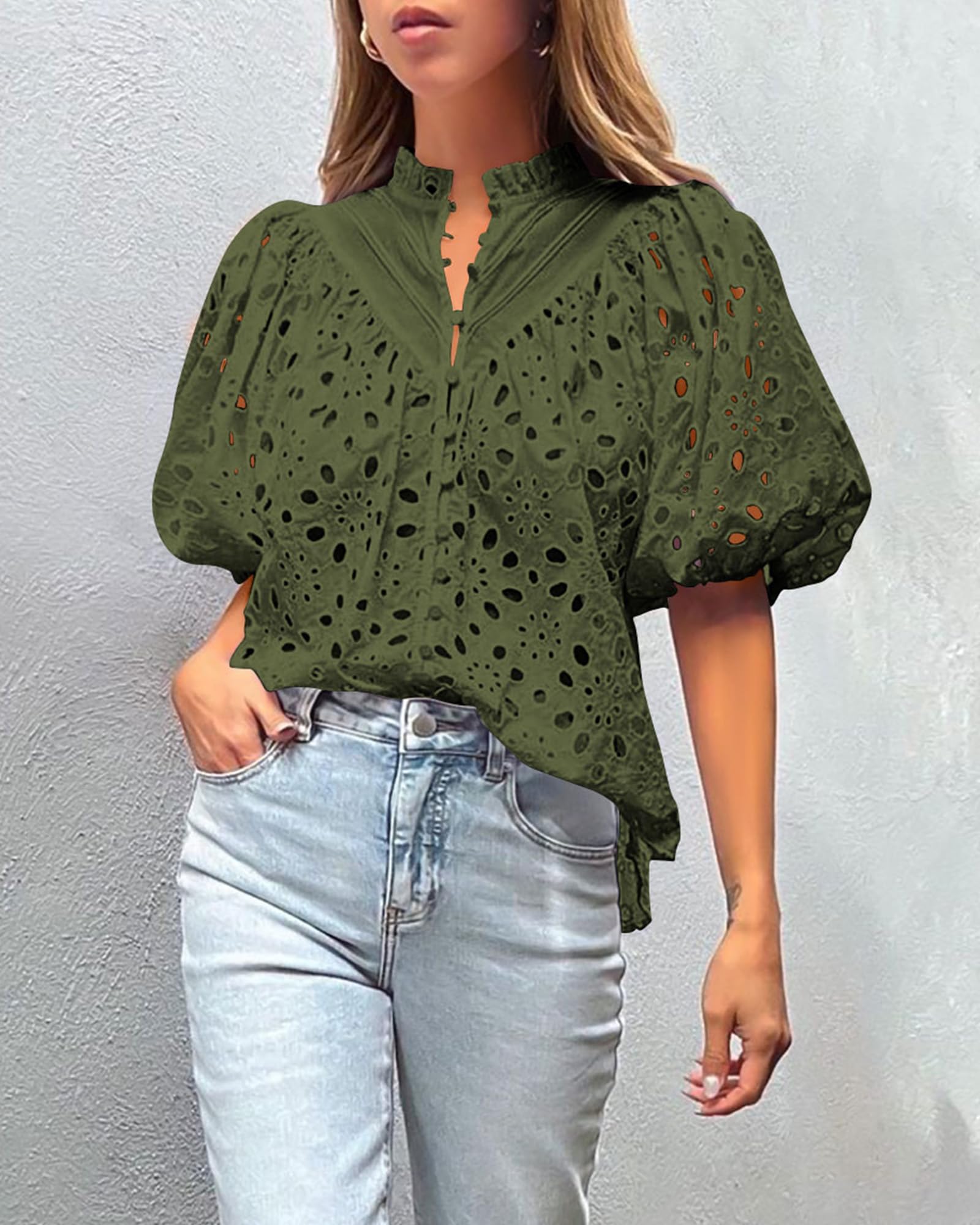 Womens Tops Boho Eyelet Puff Sleeve Blouse, Army Green,S