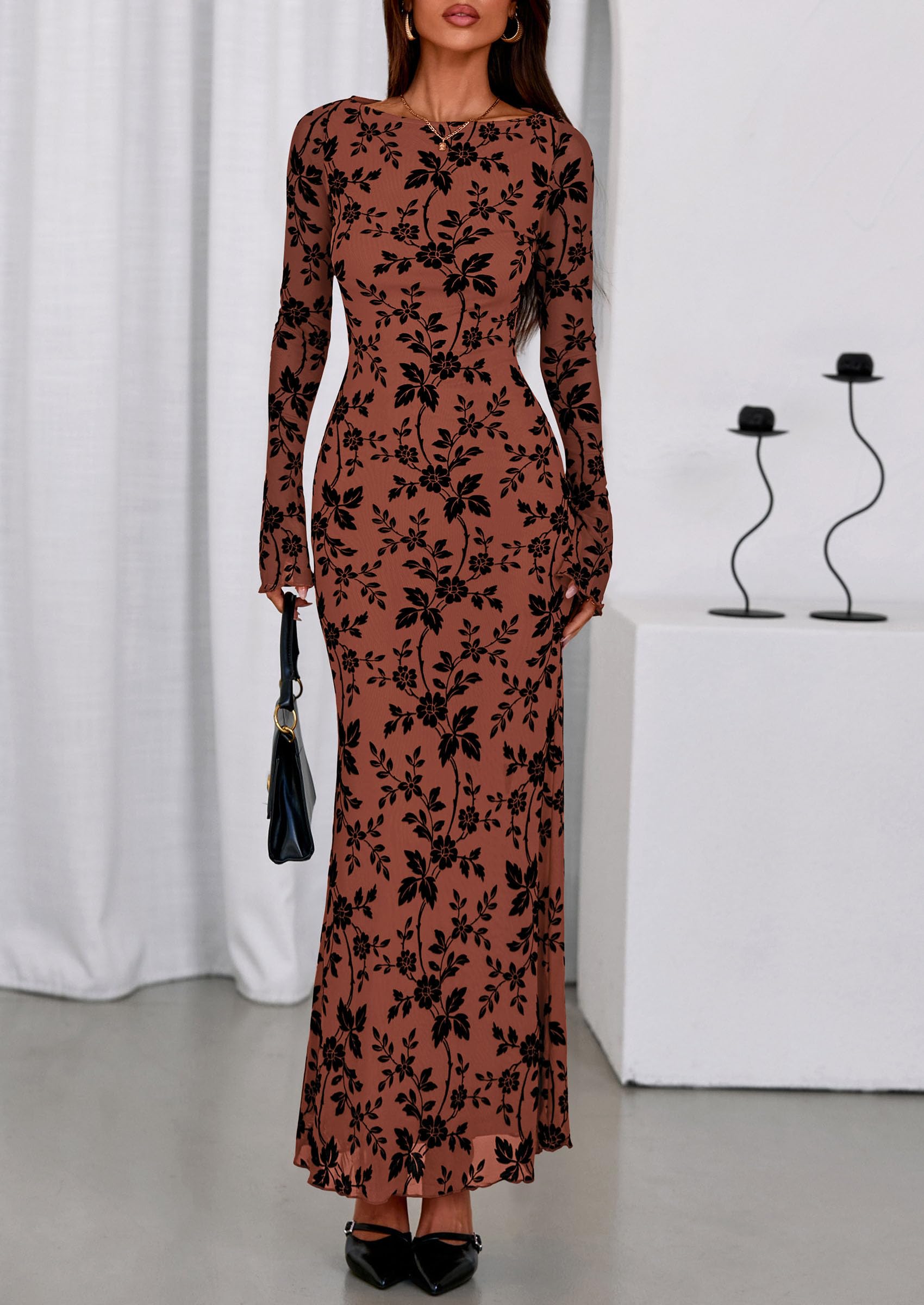 Women's Floral Bodycon Maxi Dress Wedding Guest Dresses Rust