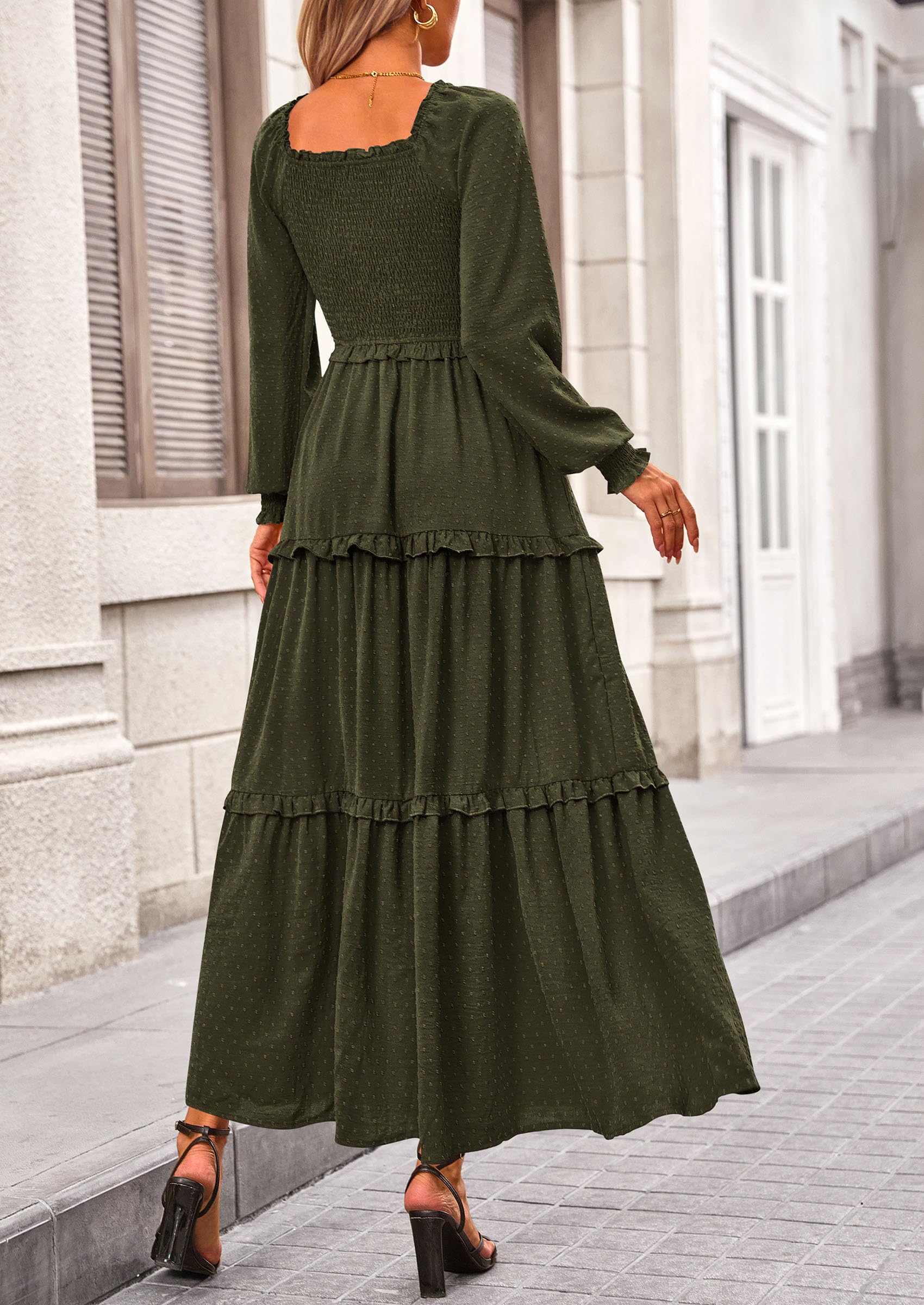 Women's Smocked Long Sleeve Maxi Dress Wedding Guest Dresses