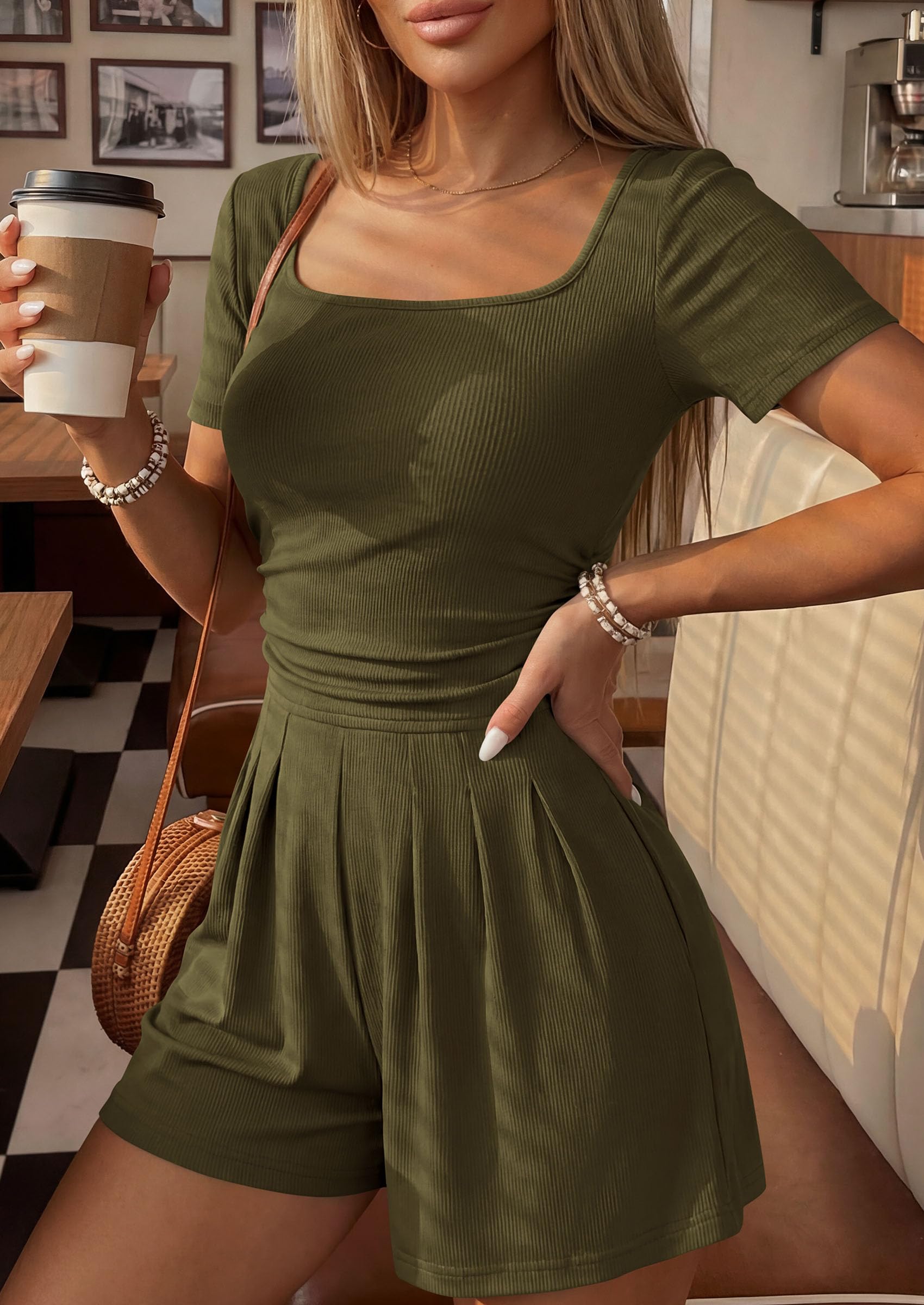 Womens One Piece Short Sleeve Rompers,Army Green,S