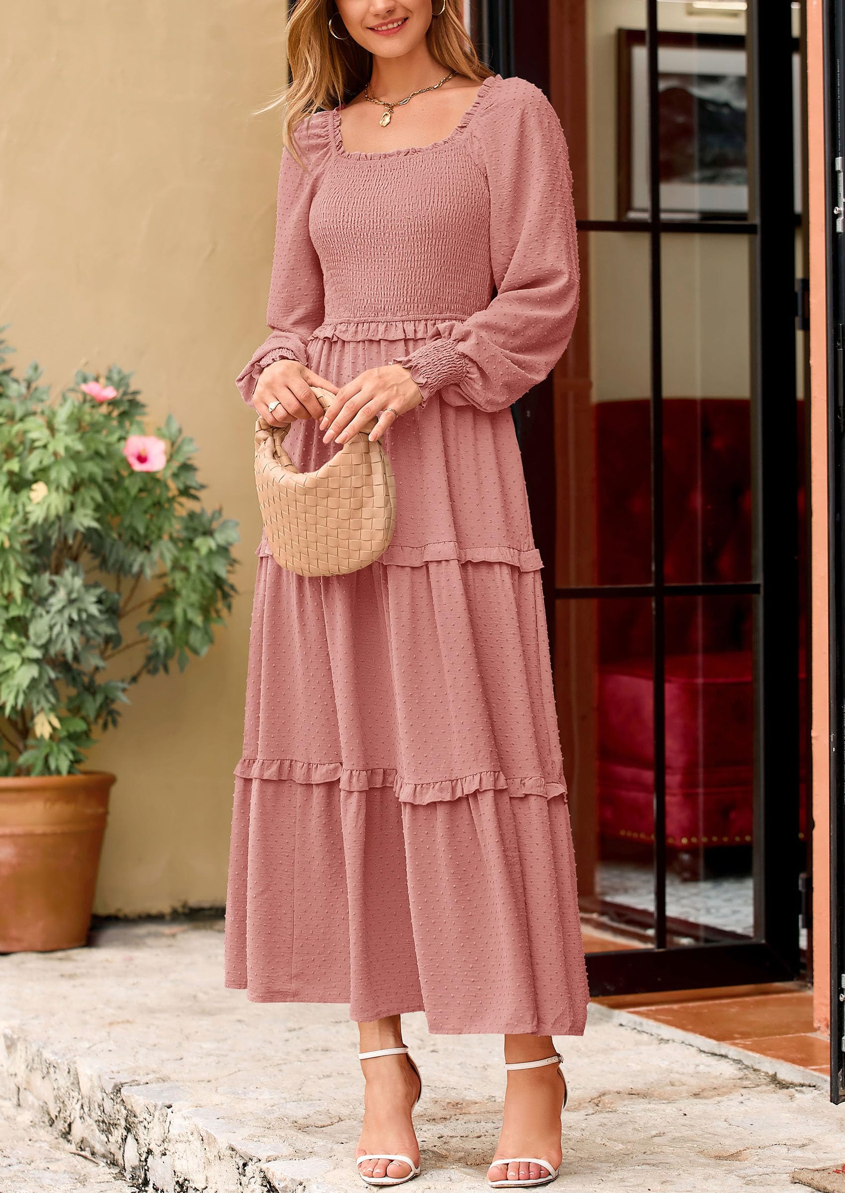 Women's Smocked Long Sleeve Maxi Dress Wedding Guest Dresses