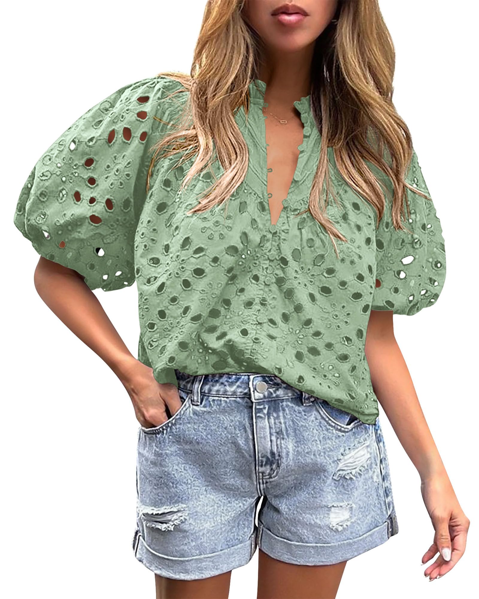 Womens Tops Boho Eyelet Puff Sleeve Blouse, Sage Green,S