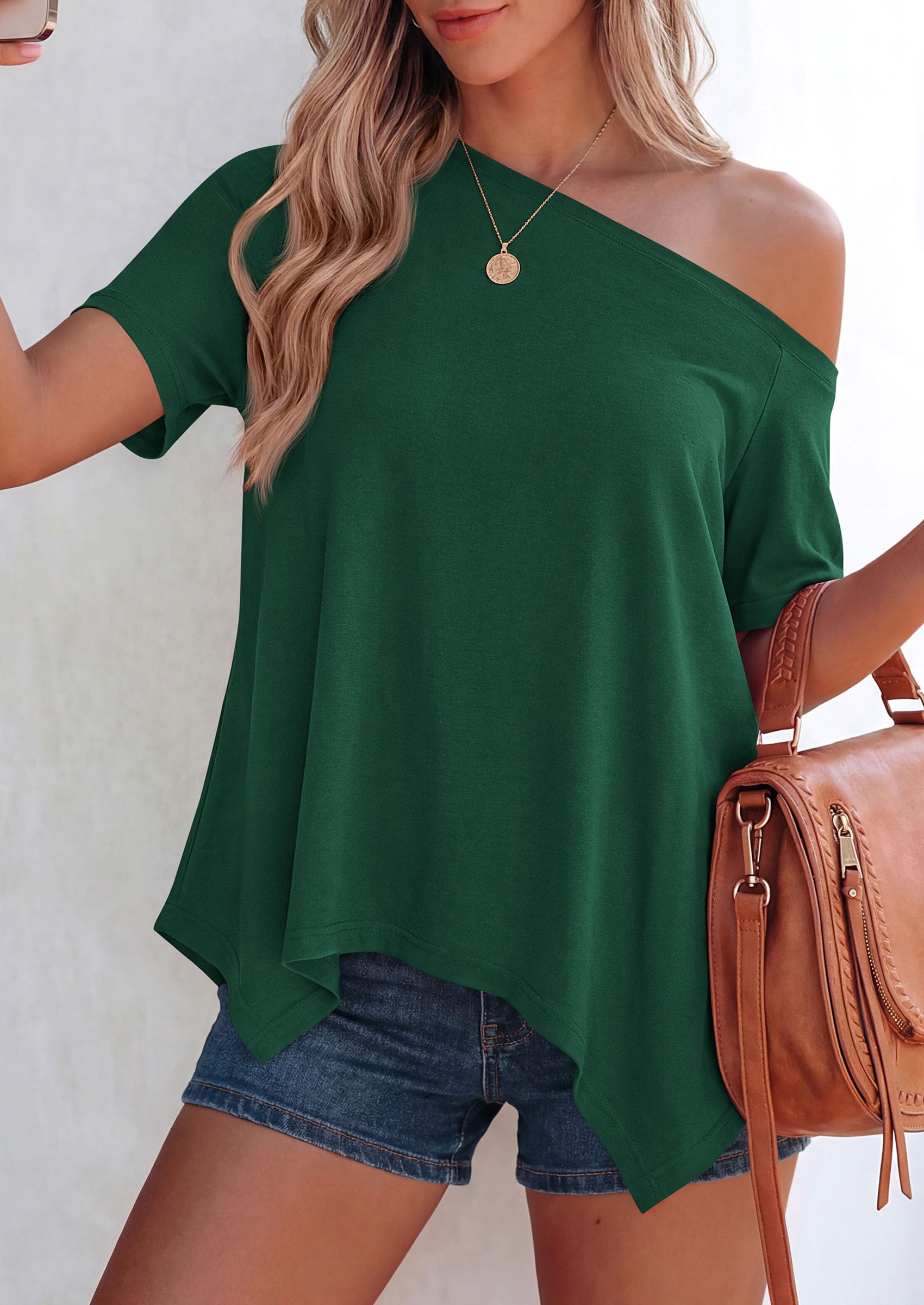 Off Shoulder Tops for Women Oversized Tshirts, Dark Green,S