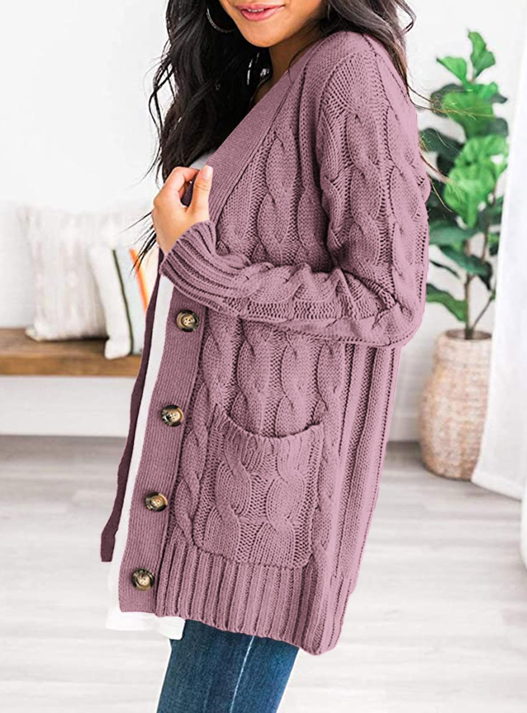 Women's Cable Knit Cardigan Sweaters Fall, Purple,S