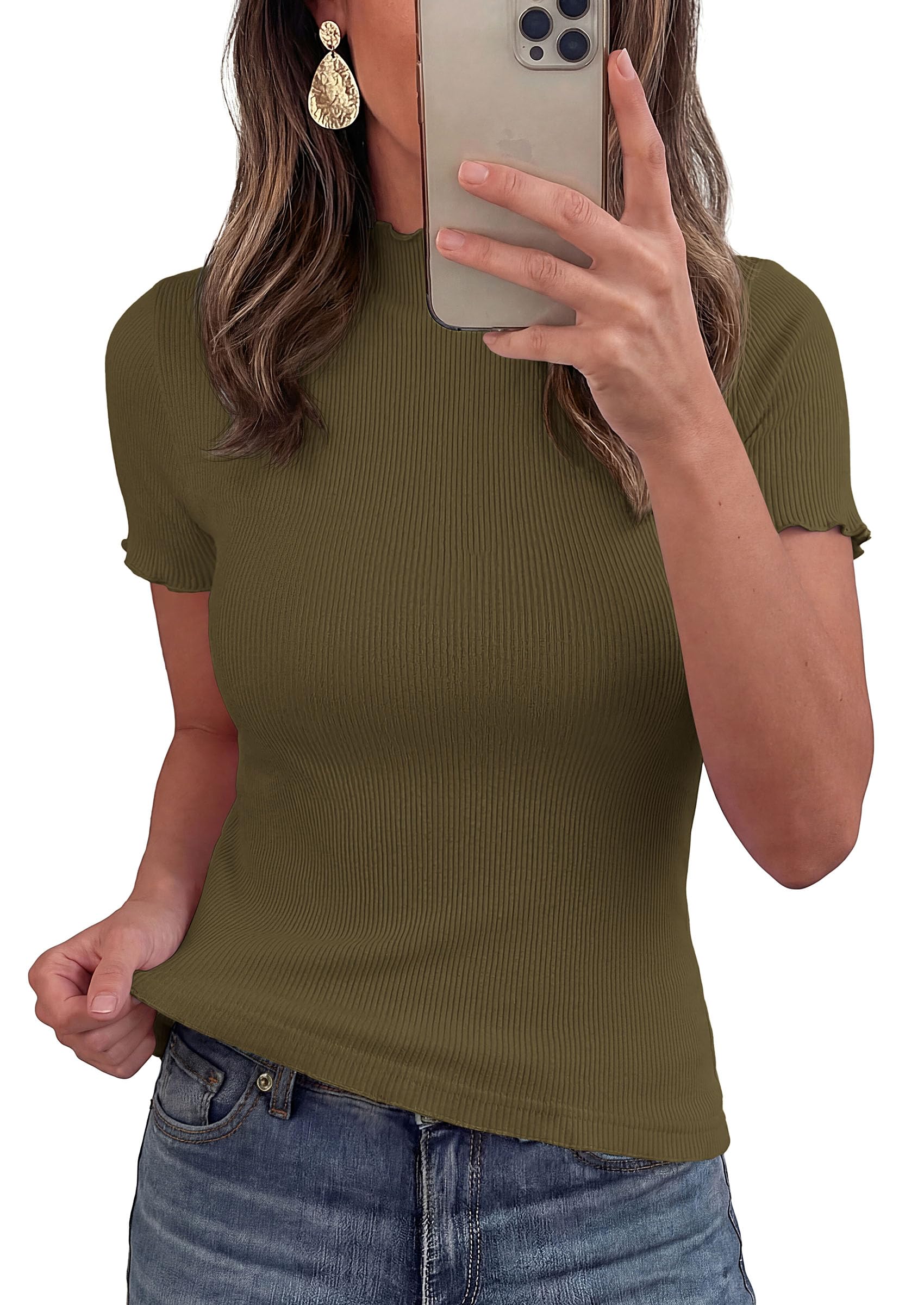 Women's Short Sleeve Ribbed Knit T Shirts, Army Green,XS