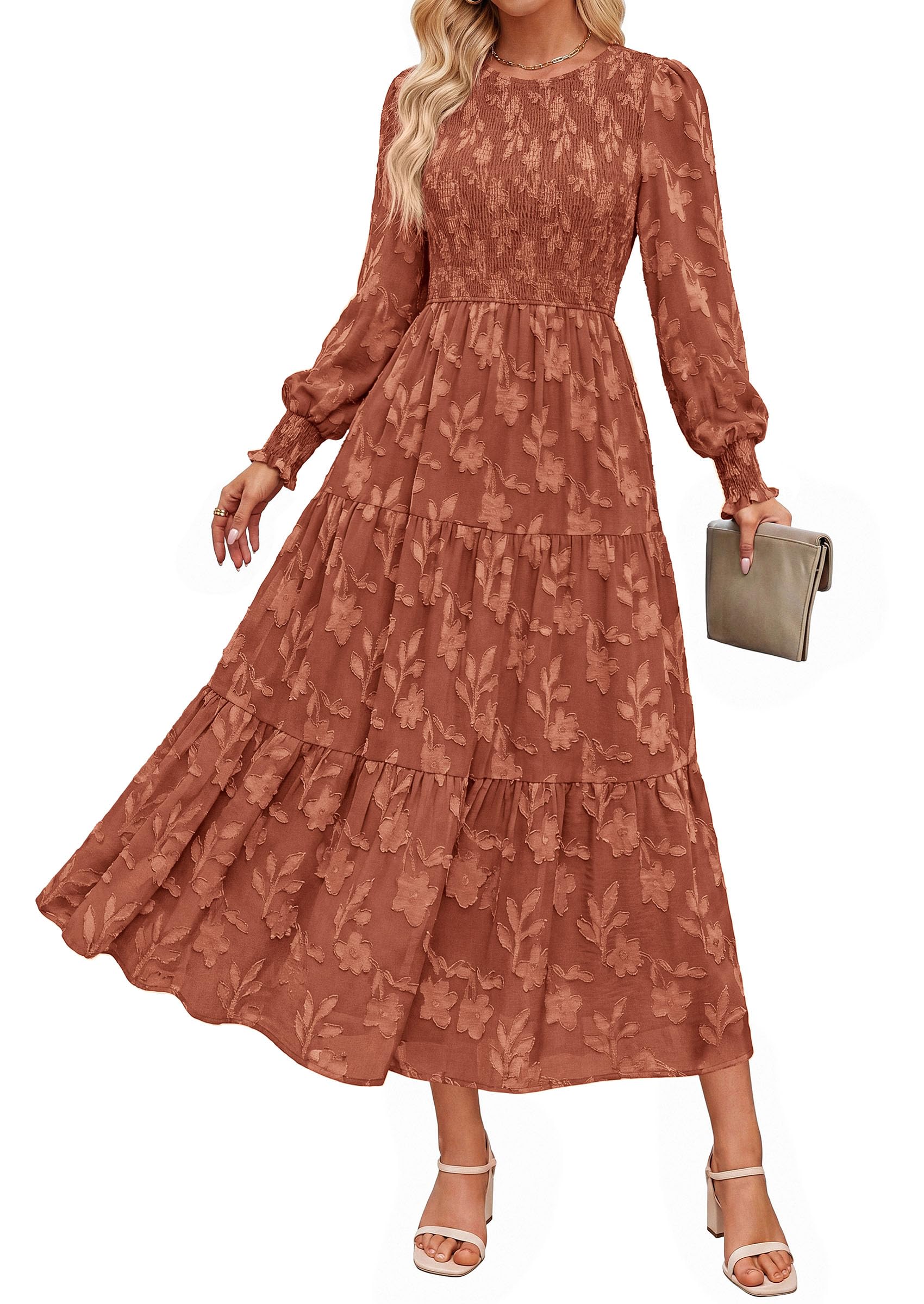 Fall Floral Long Sleeve Wedding Guest Dress for Women Pockets