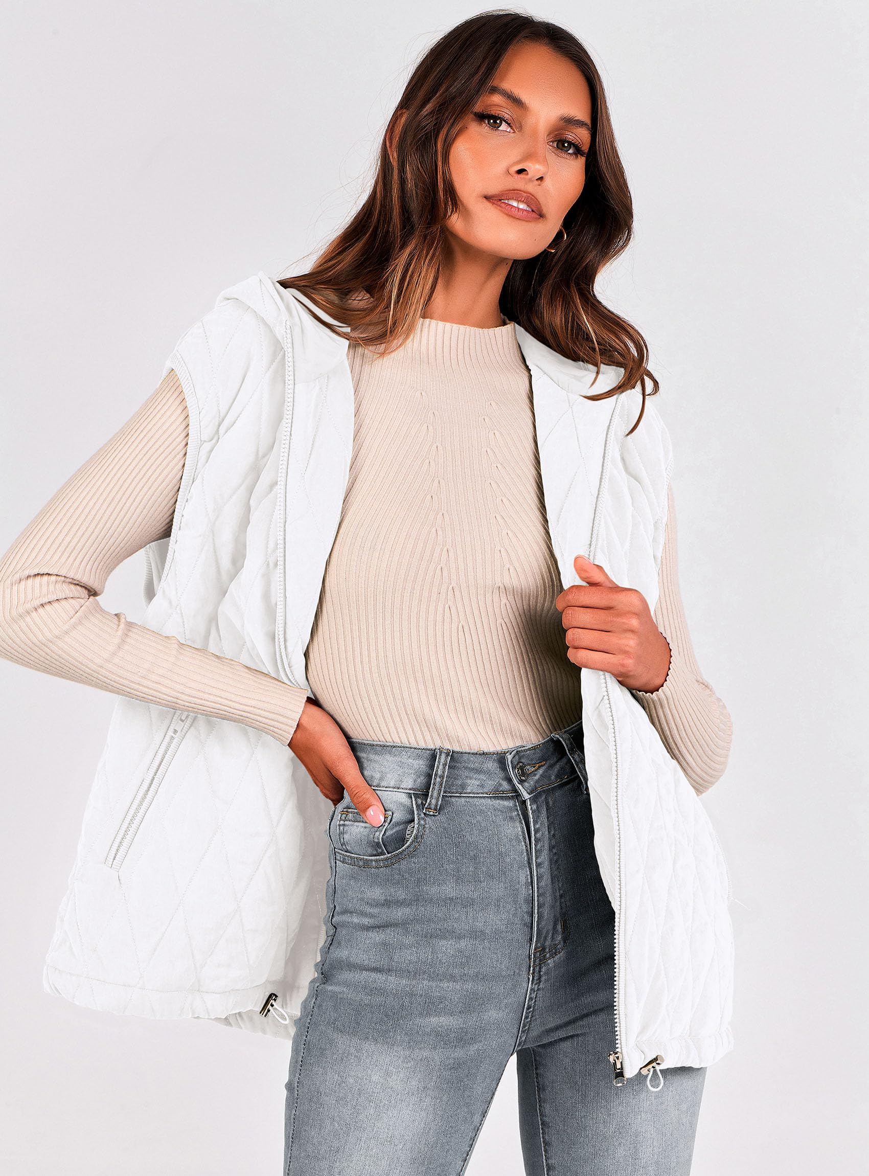 Women's Fall Fashion Vest Zip Up Jacket(White,Small)