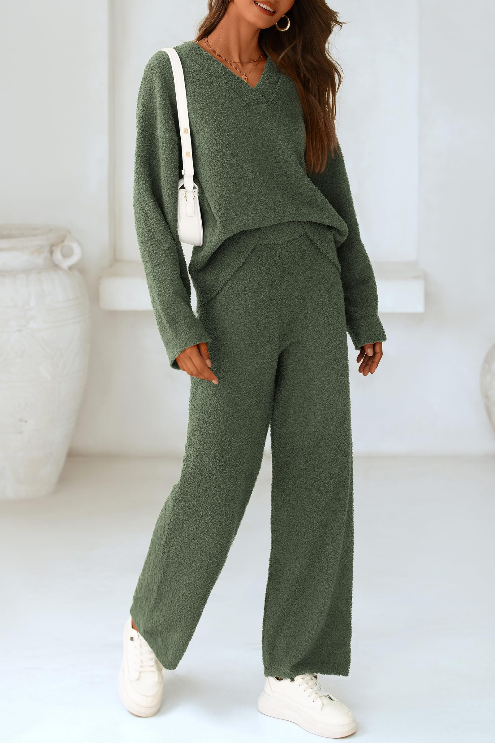 Lounge Sets for Women Fall 2 Piece Fuzzy Sweater Pajama Set