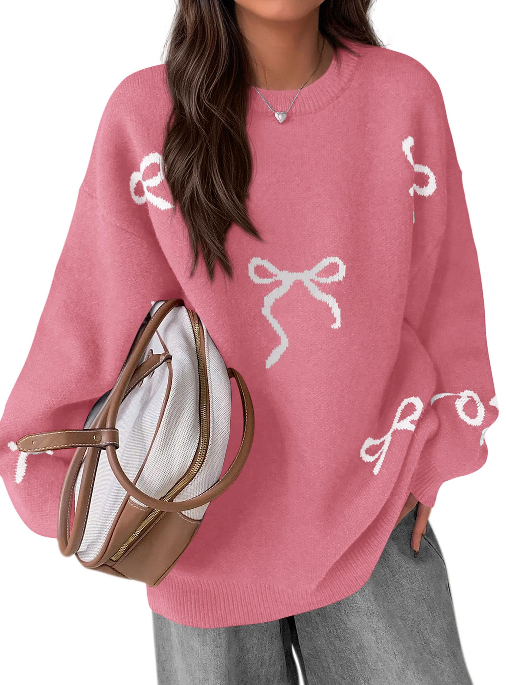 Fall Long Sleeve Pullover Sweaters for Women 2026 Trendy Crewneck Casual Cute Bow Chunky Knit Oversized Sweater (Dusty Pink,Small)