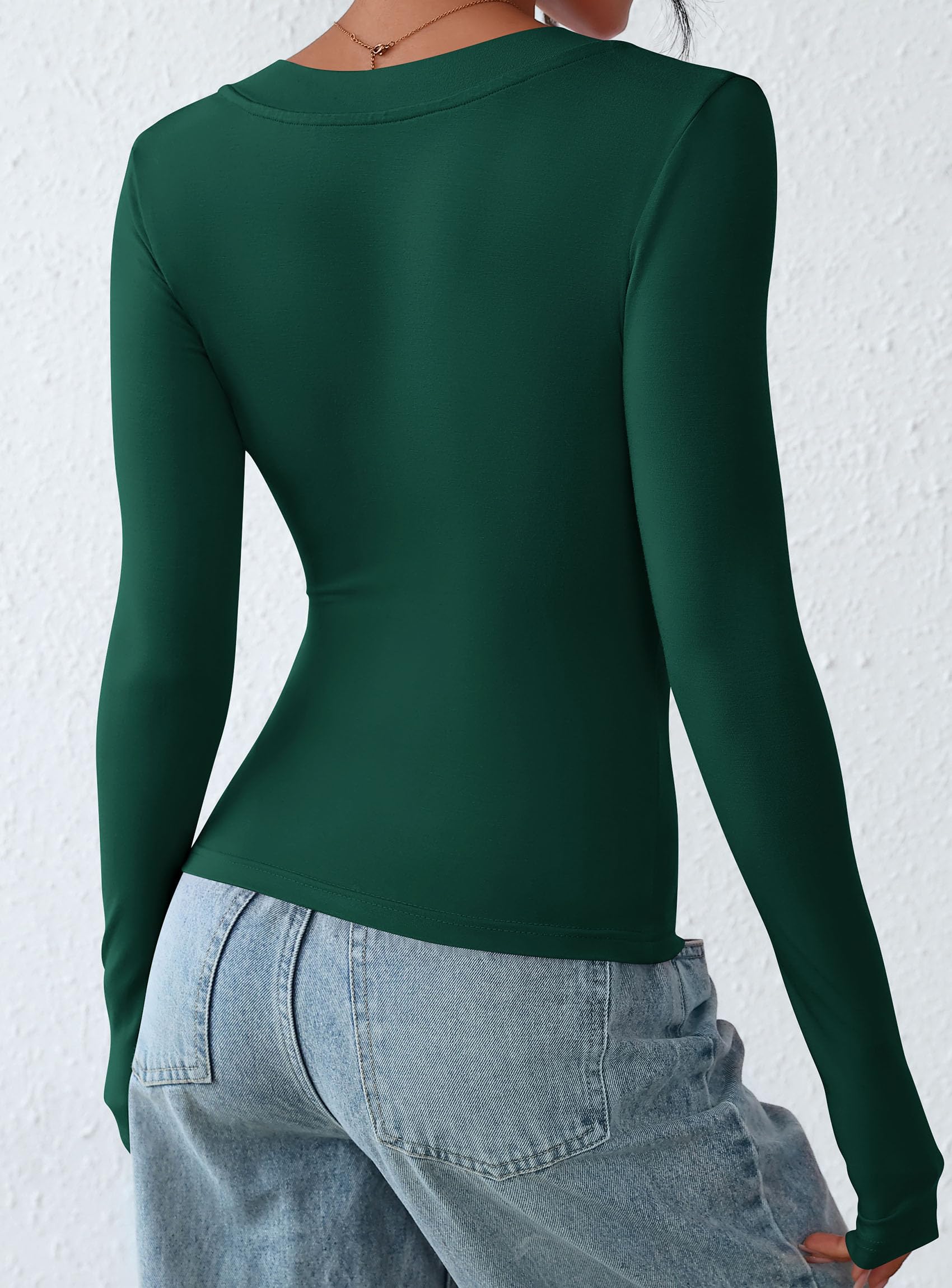 Women's V Neck Long Sleeve Shirts,Dark Green,X-S