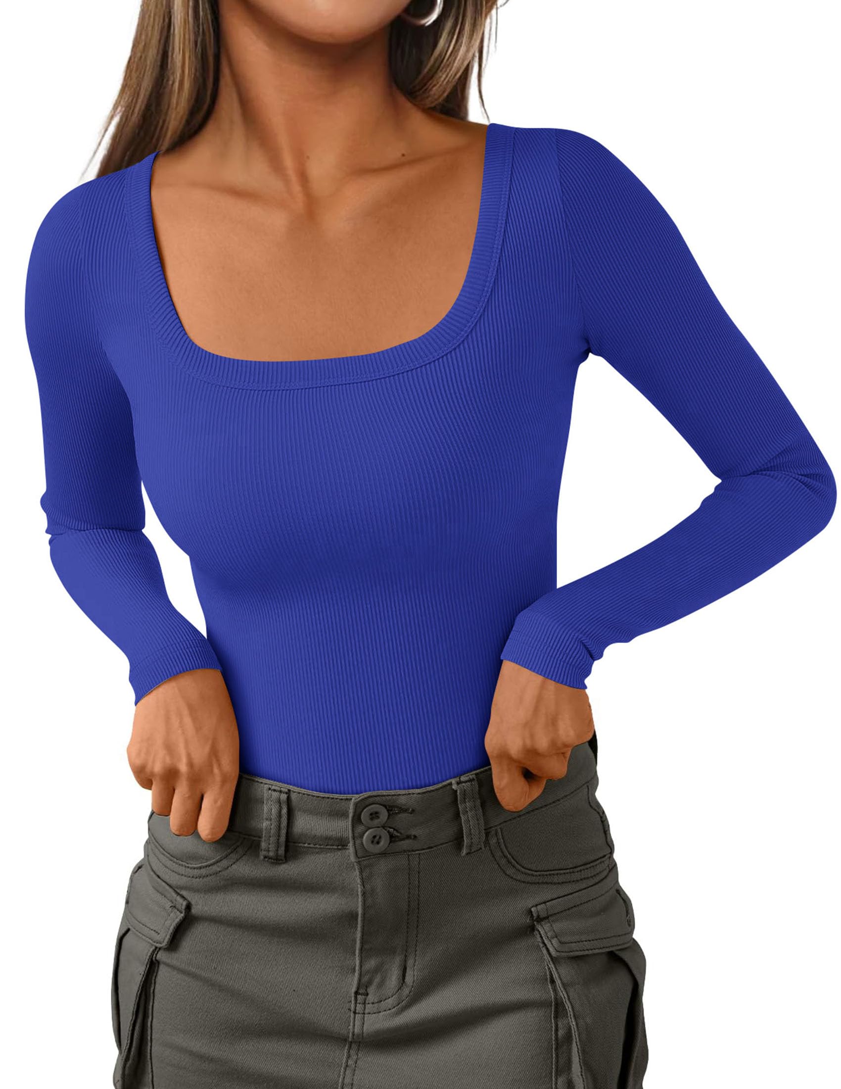 Square Neck Long Sleeve Shirts for Women Royal Blue,XS