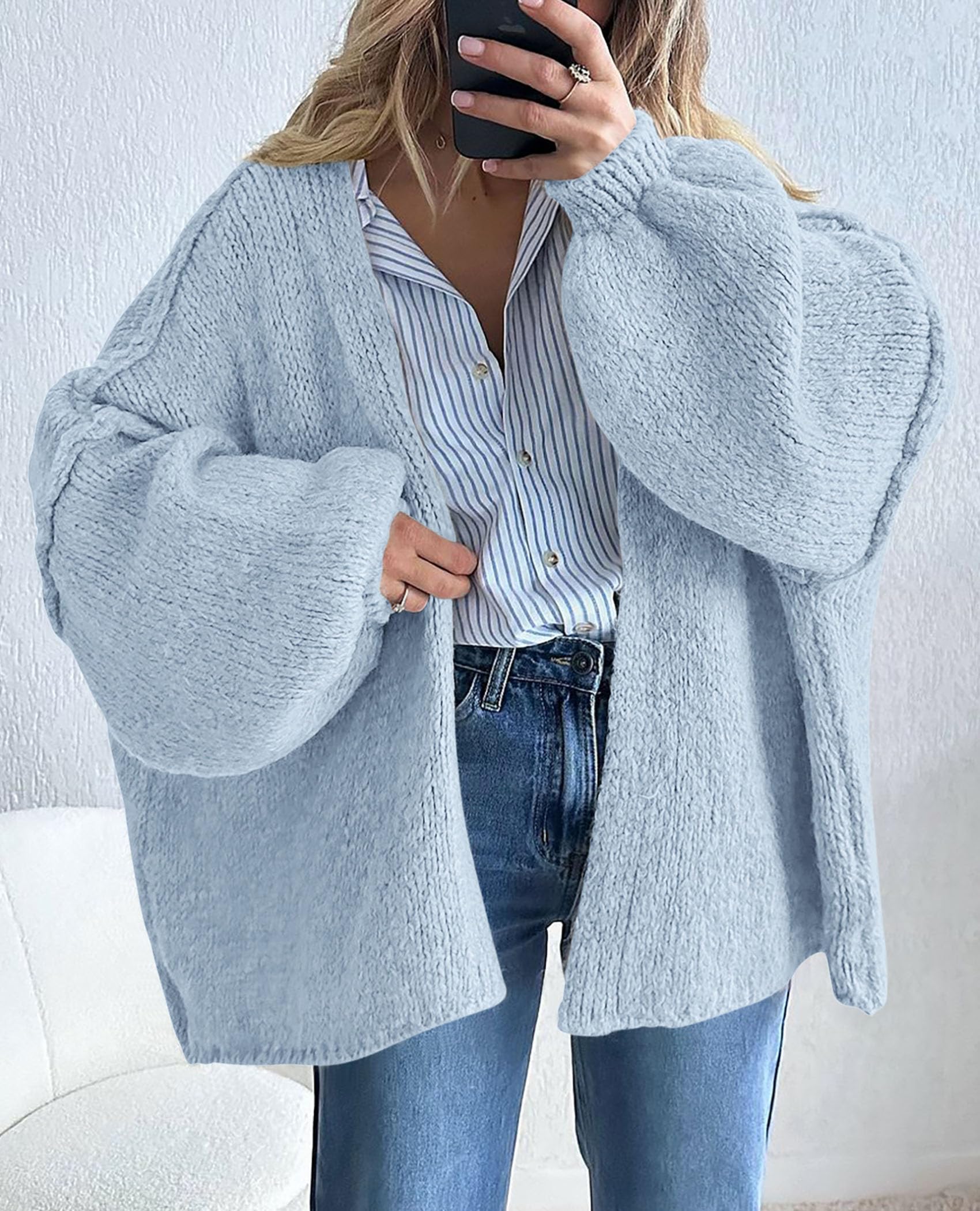 Womens Open Front Oversized Cardigan Sweaters,Light Blue,XS