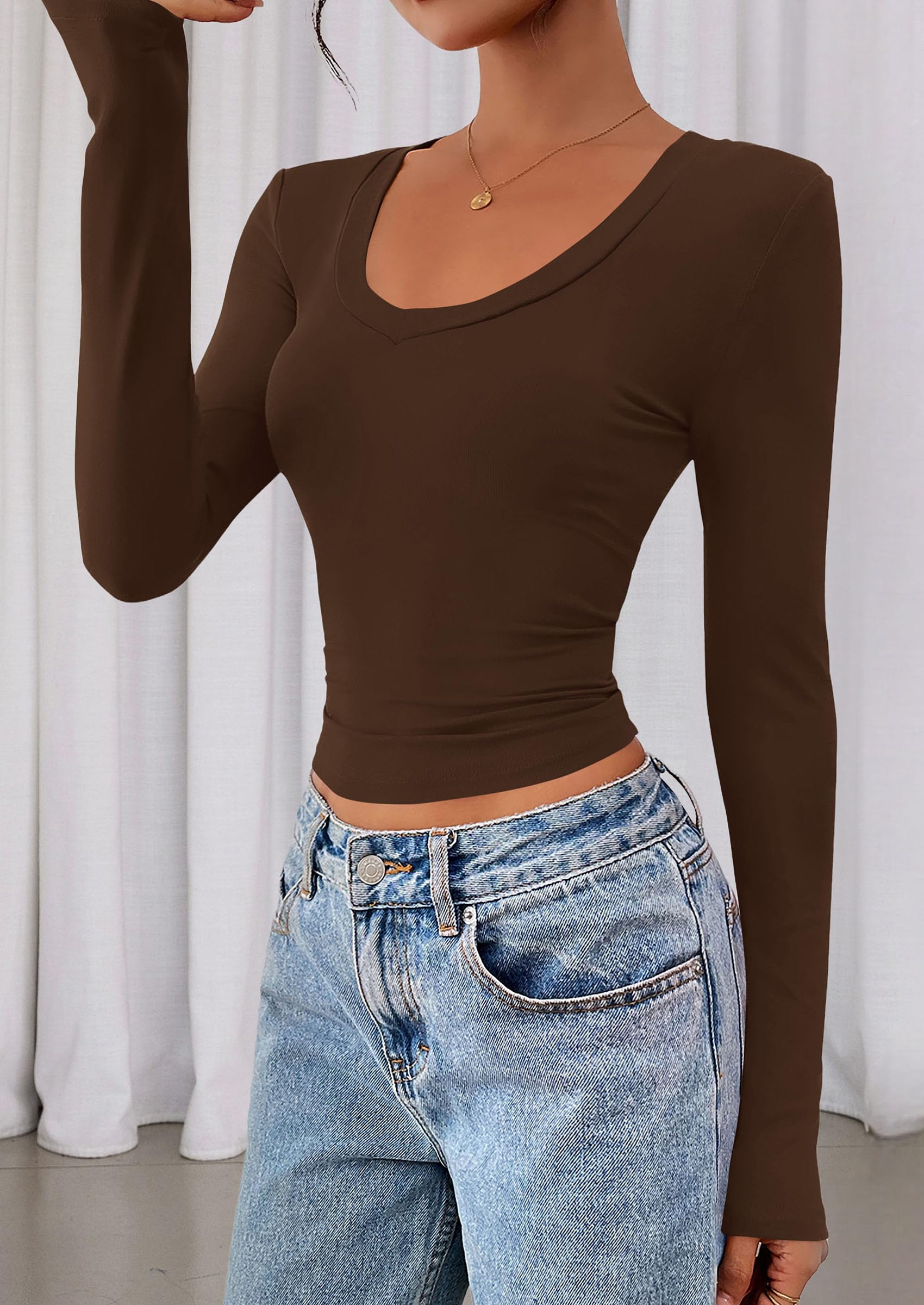 Womens Long Sleeve Slim Fit Crop Tops,Brown,XS