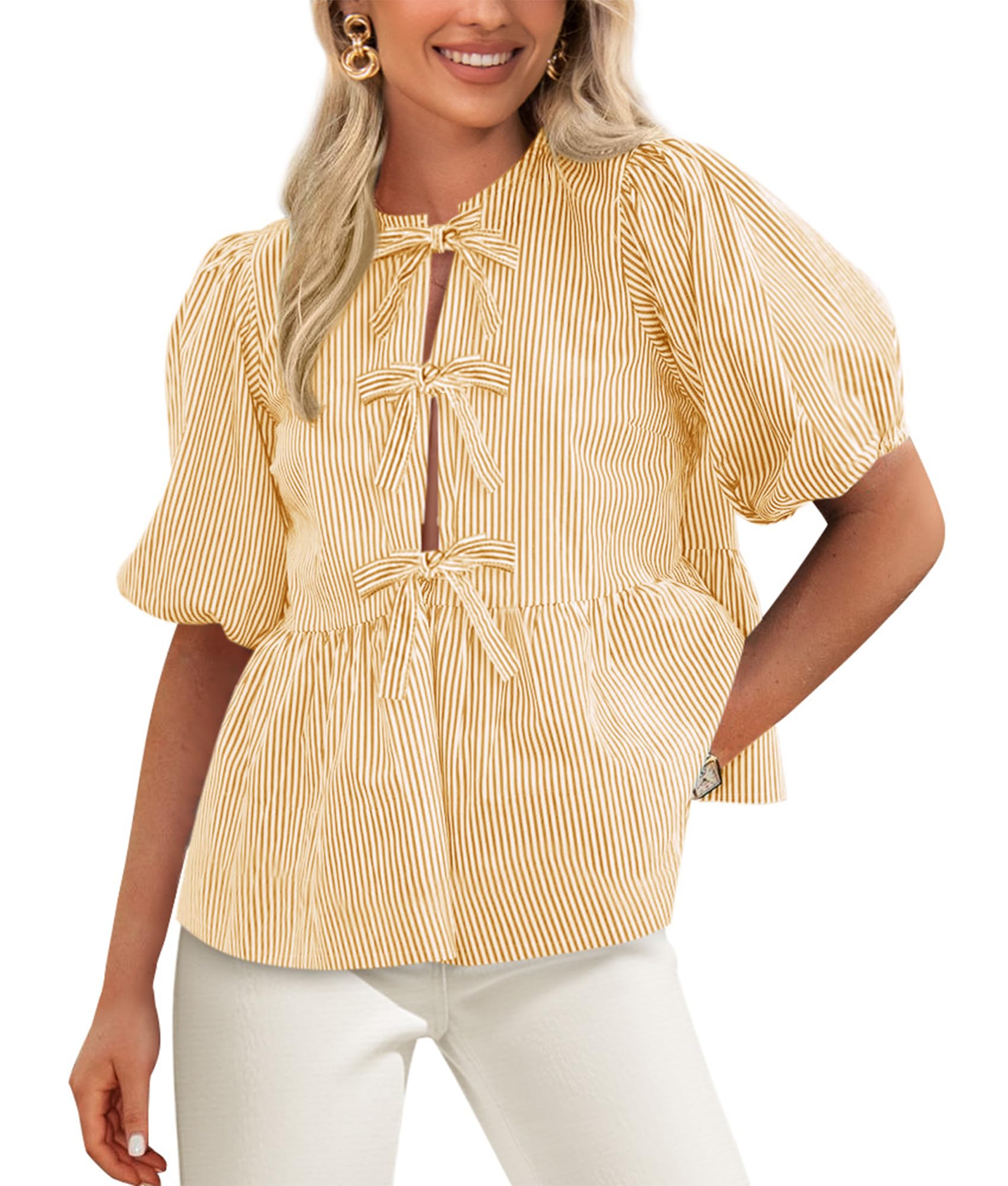 Women Striped Tie Front Babydoll Peplum Tops, Yellow,M