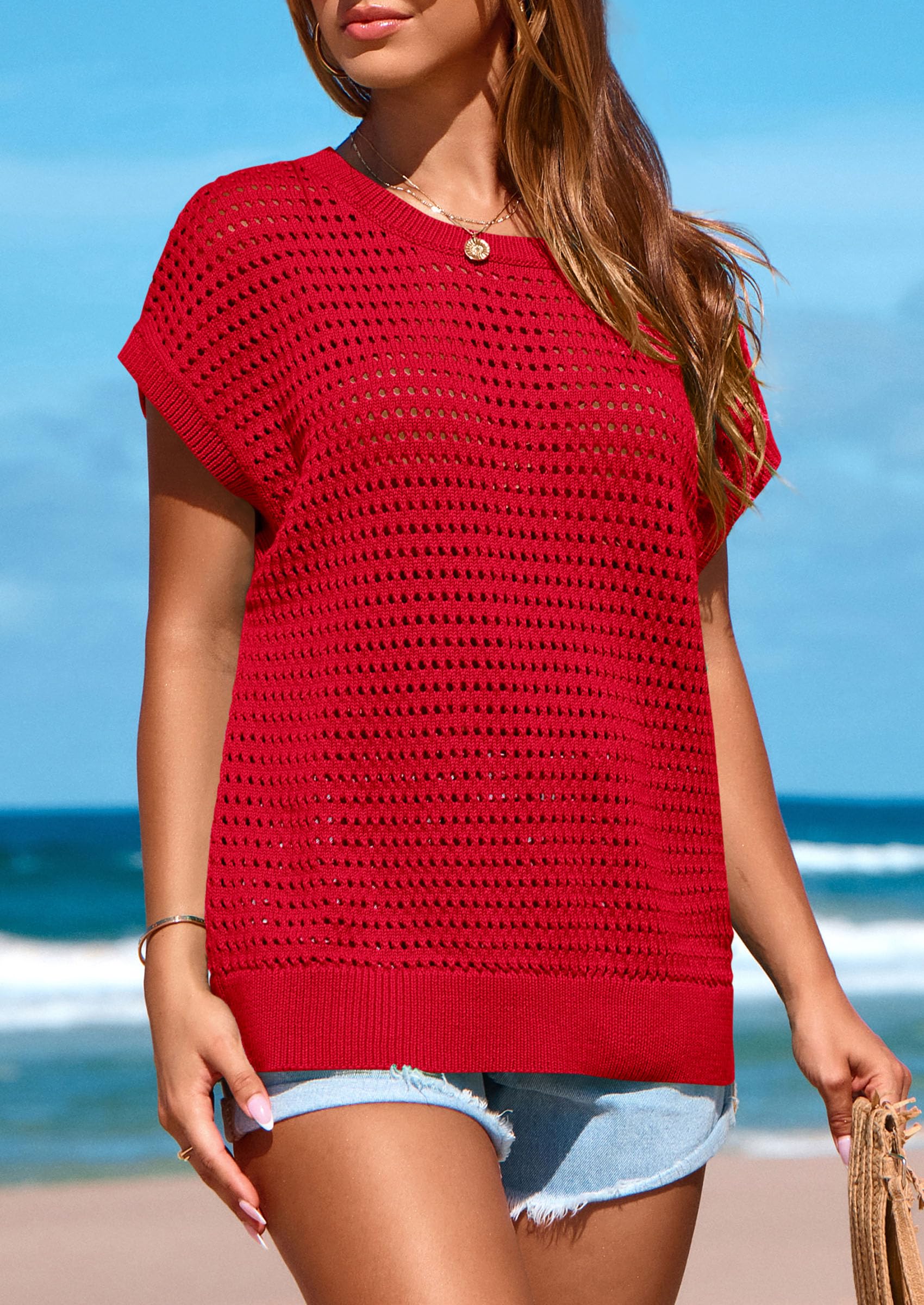 Women's Summer Crochet Cap Sleeve Sweater Tops,Dark Orange,S