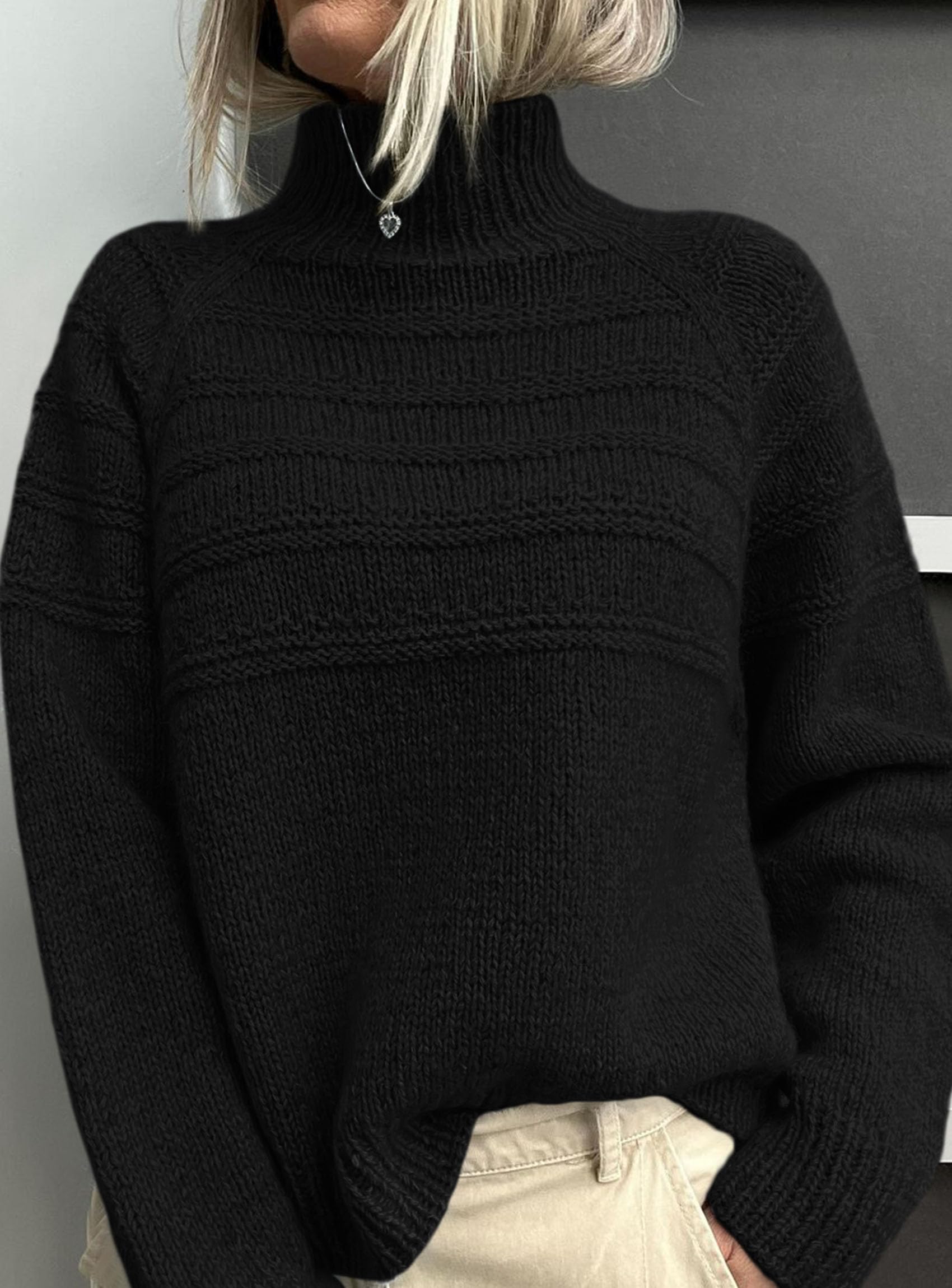 Women's Chunky Knit Mock Neck Pullover Sweaters,Black,S