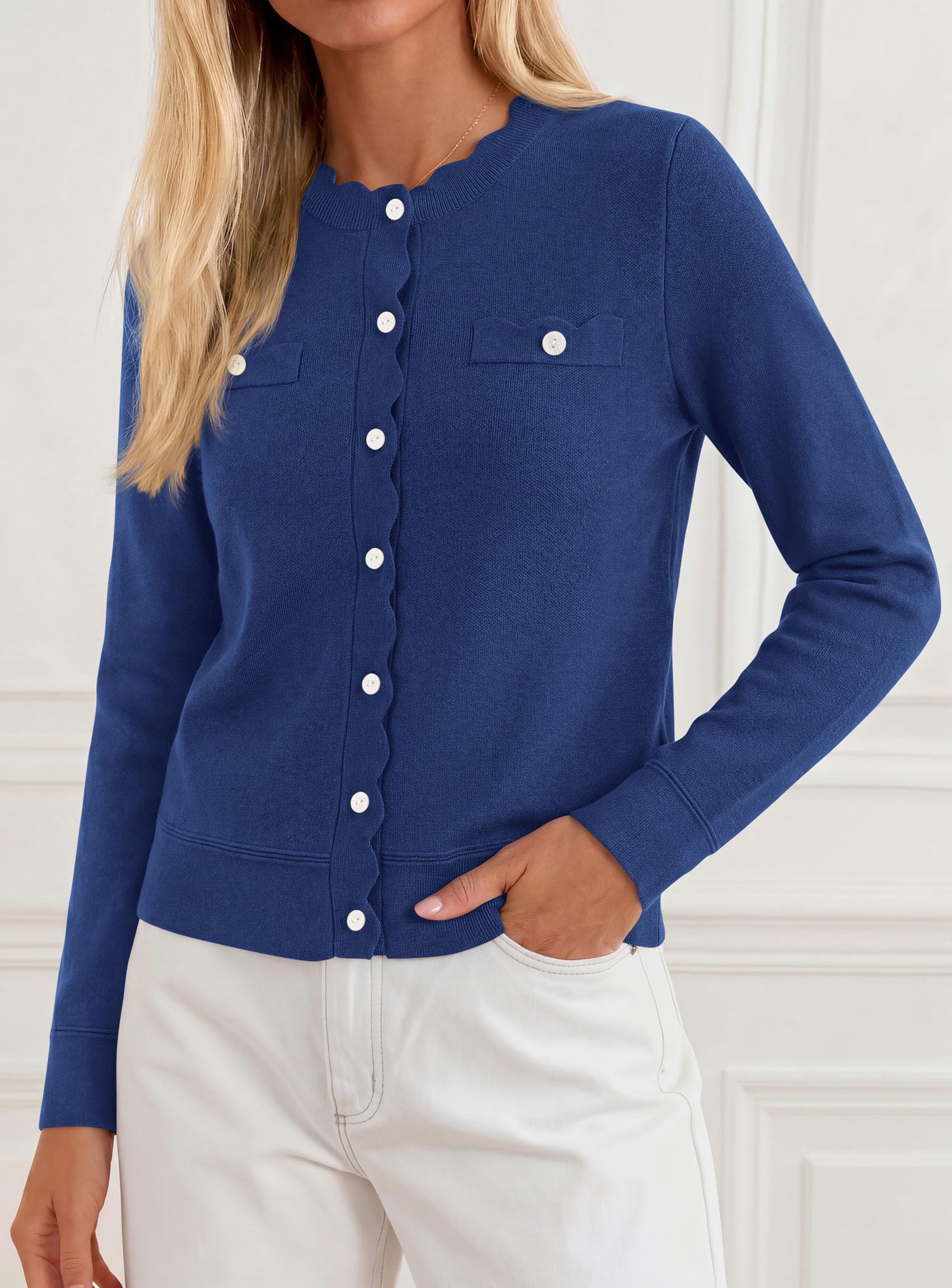 Womens Lightweight Cardigan Sweaters Scalloped Trim Fall Tops