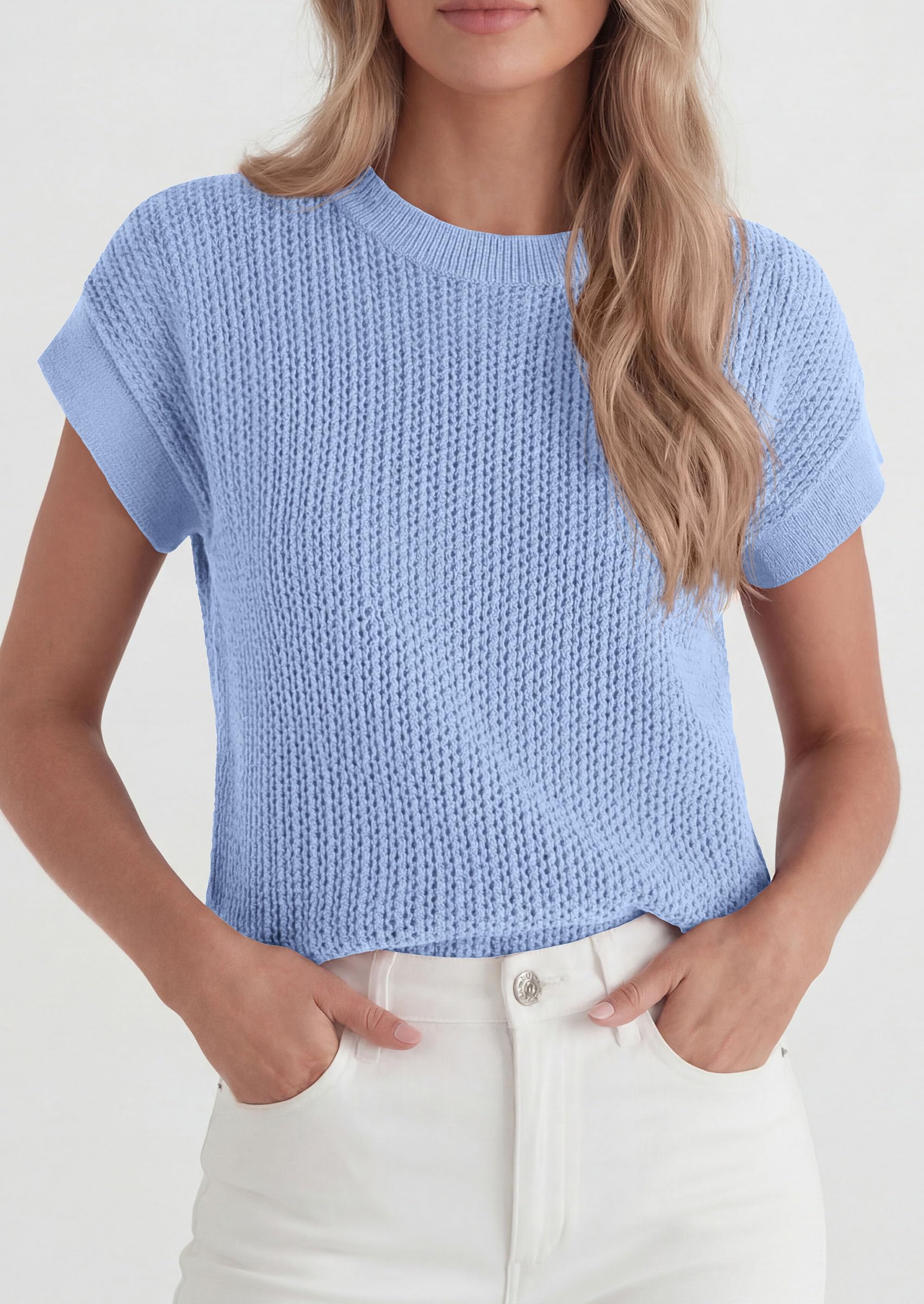 Women's Summer Sweater Vest Crochet Tops (Light Blue,S)