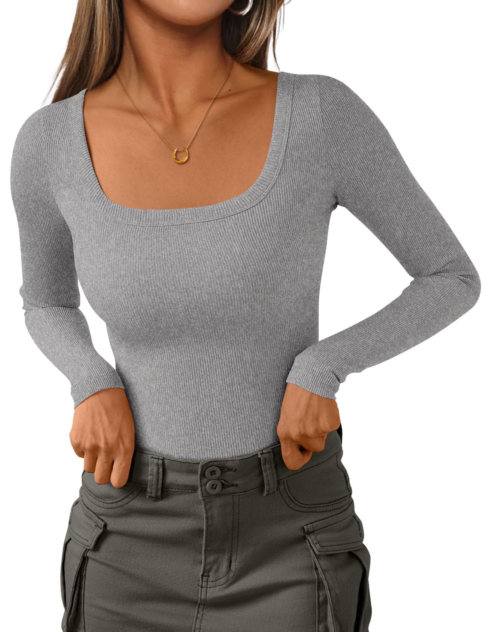 Square Neck Long Sleeve Shirts for Women Grey,XS