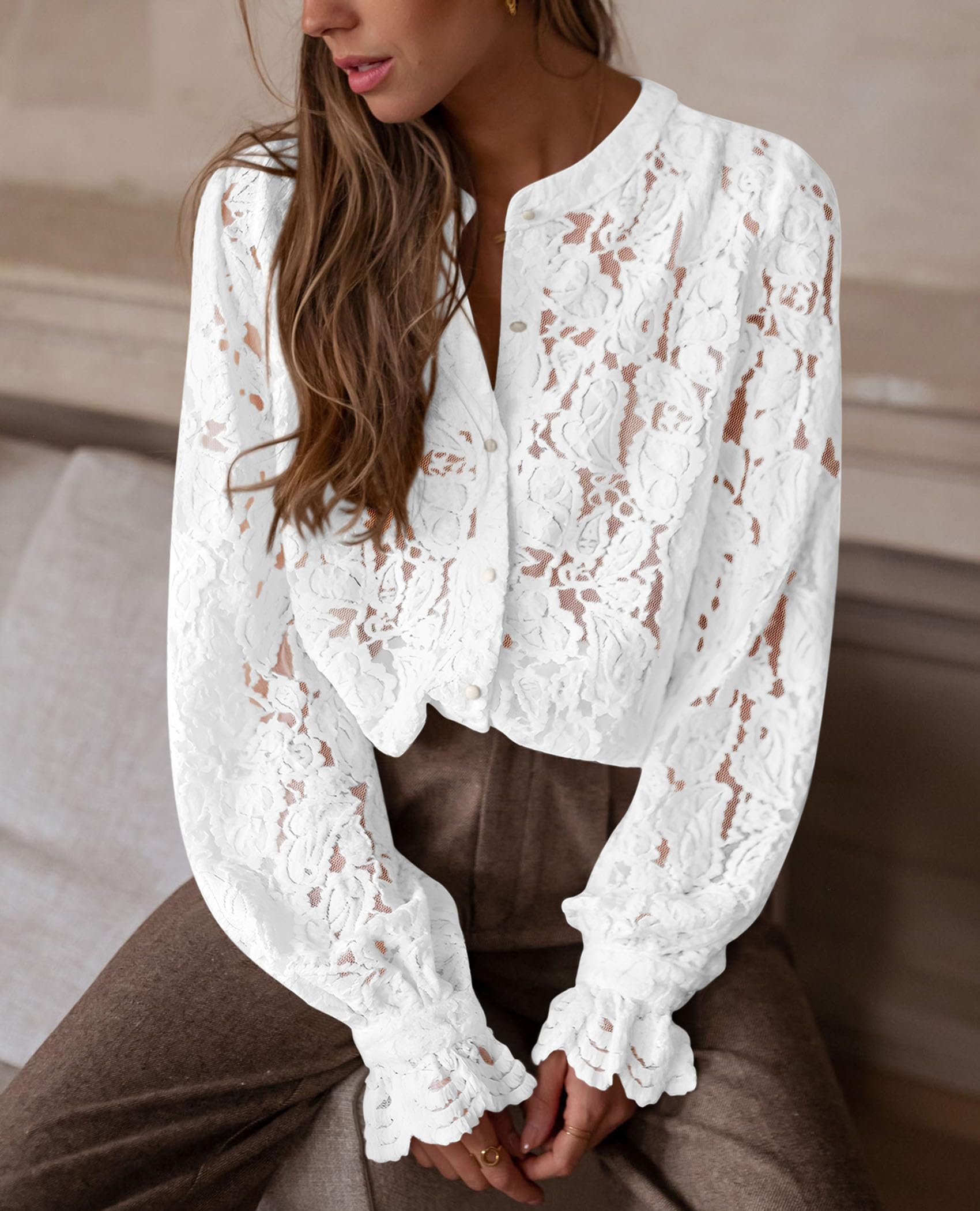 Women's Fall Trendy Long Sleeve Lace Tops(White,X-Large)