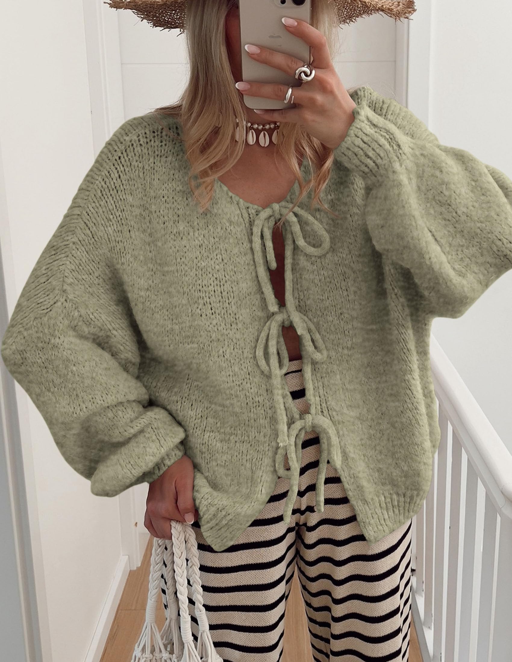 Women's Tie Front Bow Cardigan Sweaters(Mist Green,Small)