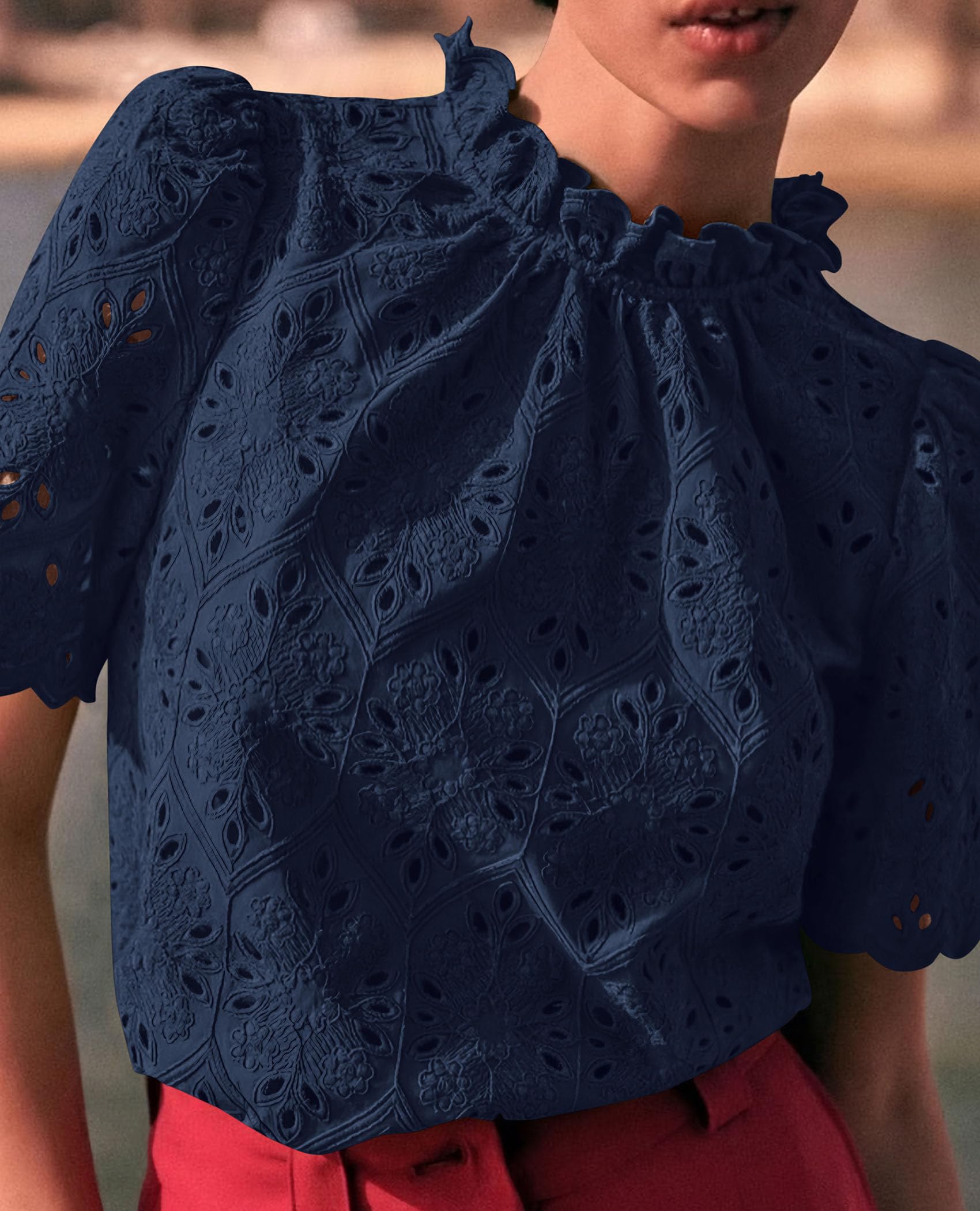 Women Summer Tops Eyelet Embroidered Shirts,Navy,XS