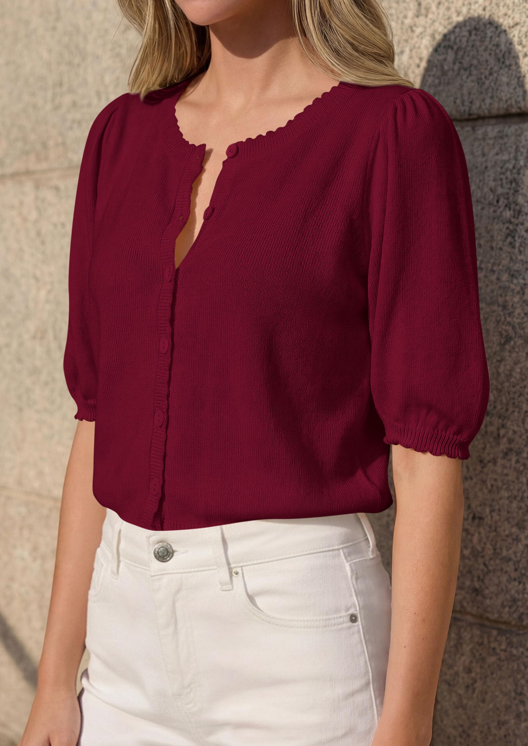 Women Short Sleeve Lightweight Knit Cardigans, Burgundy,S