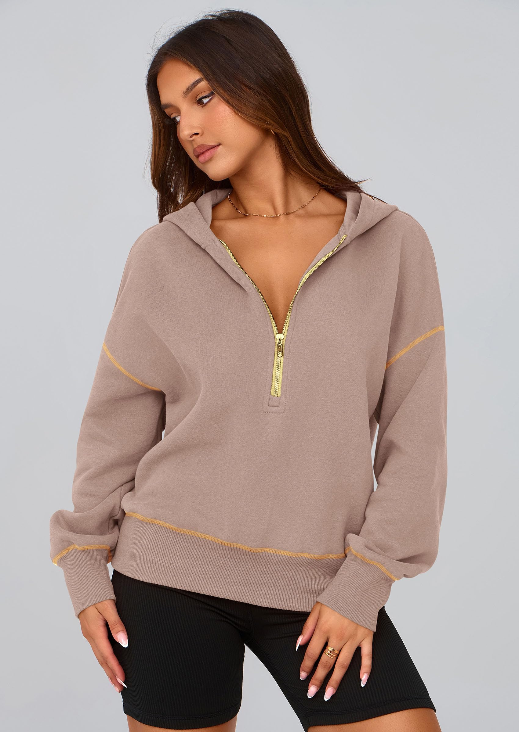 Women's Fall Half Zip Cropped Hoodie Sweatshirt Khaki