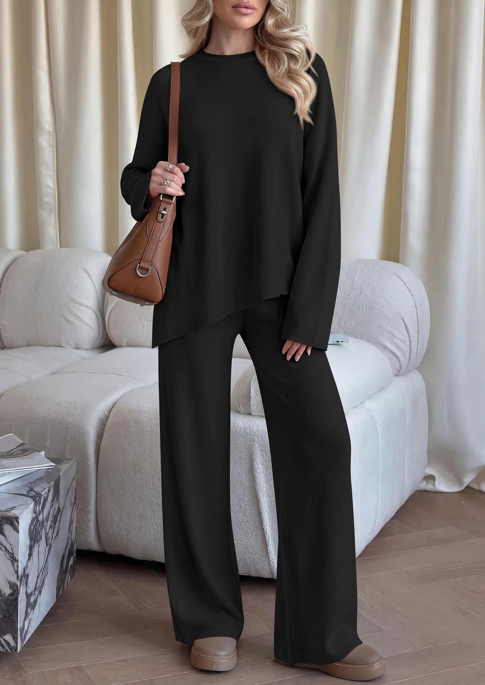 Womens Fall 2 Piece Asymmetric Cozy Sweater Travel Lounge Sets