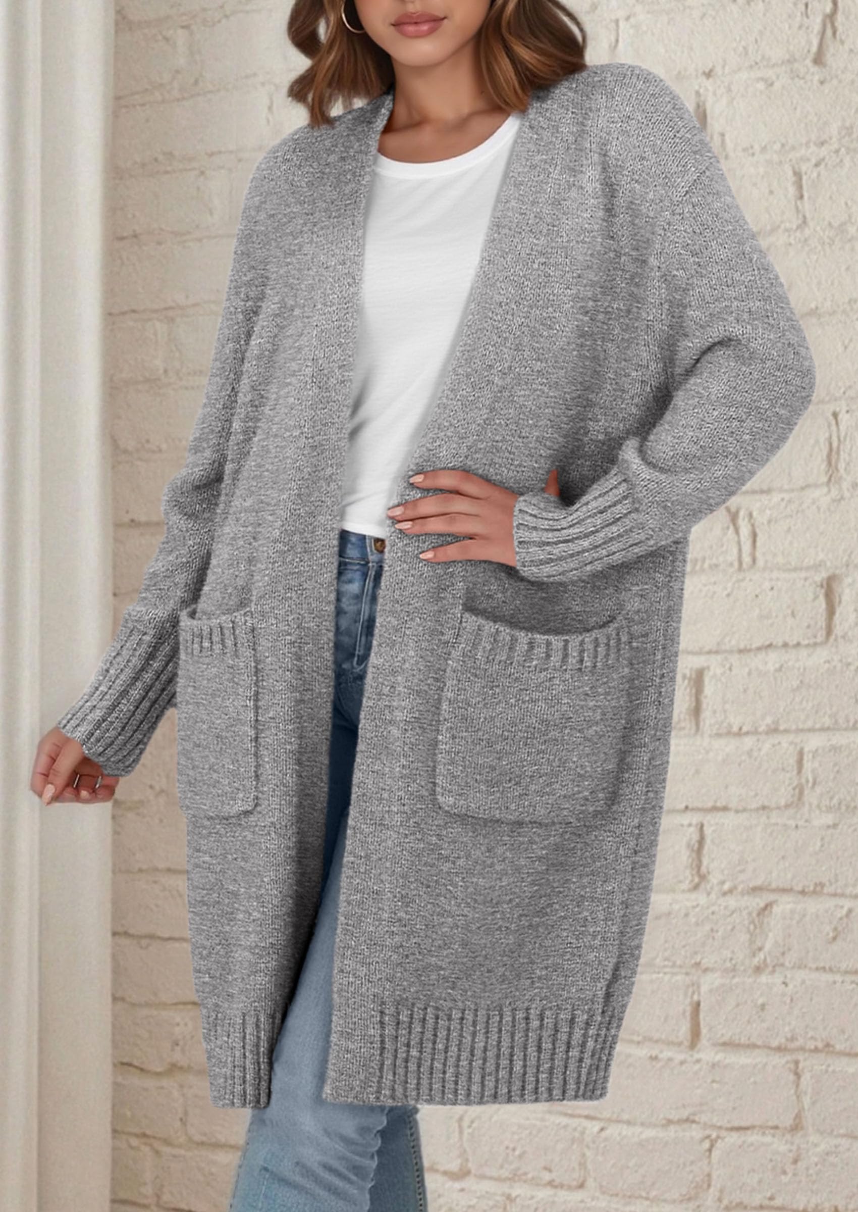 Open Front Cardigan Sweaters for Women,Light Grey,S