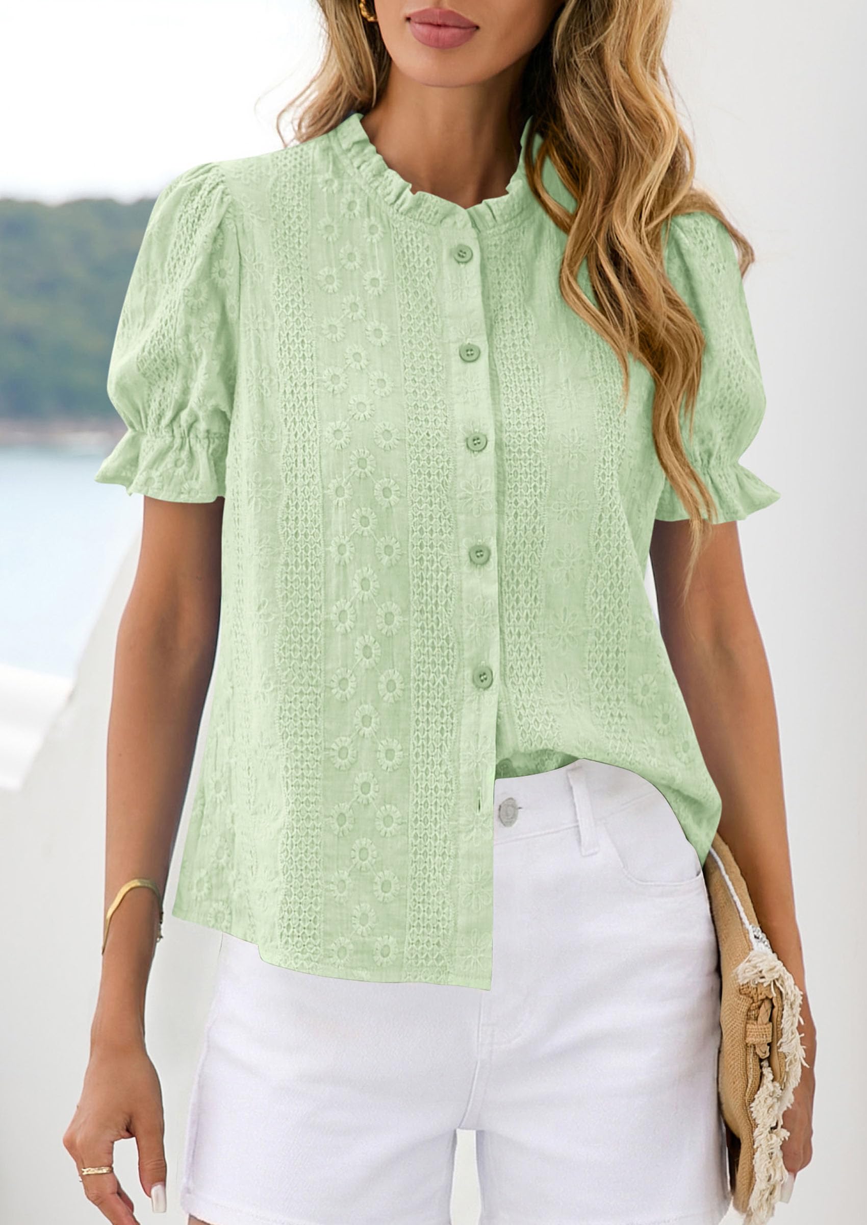 Womens Embroidered Puff Short Sleeve Tops,Light Green,S