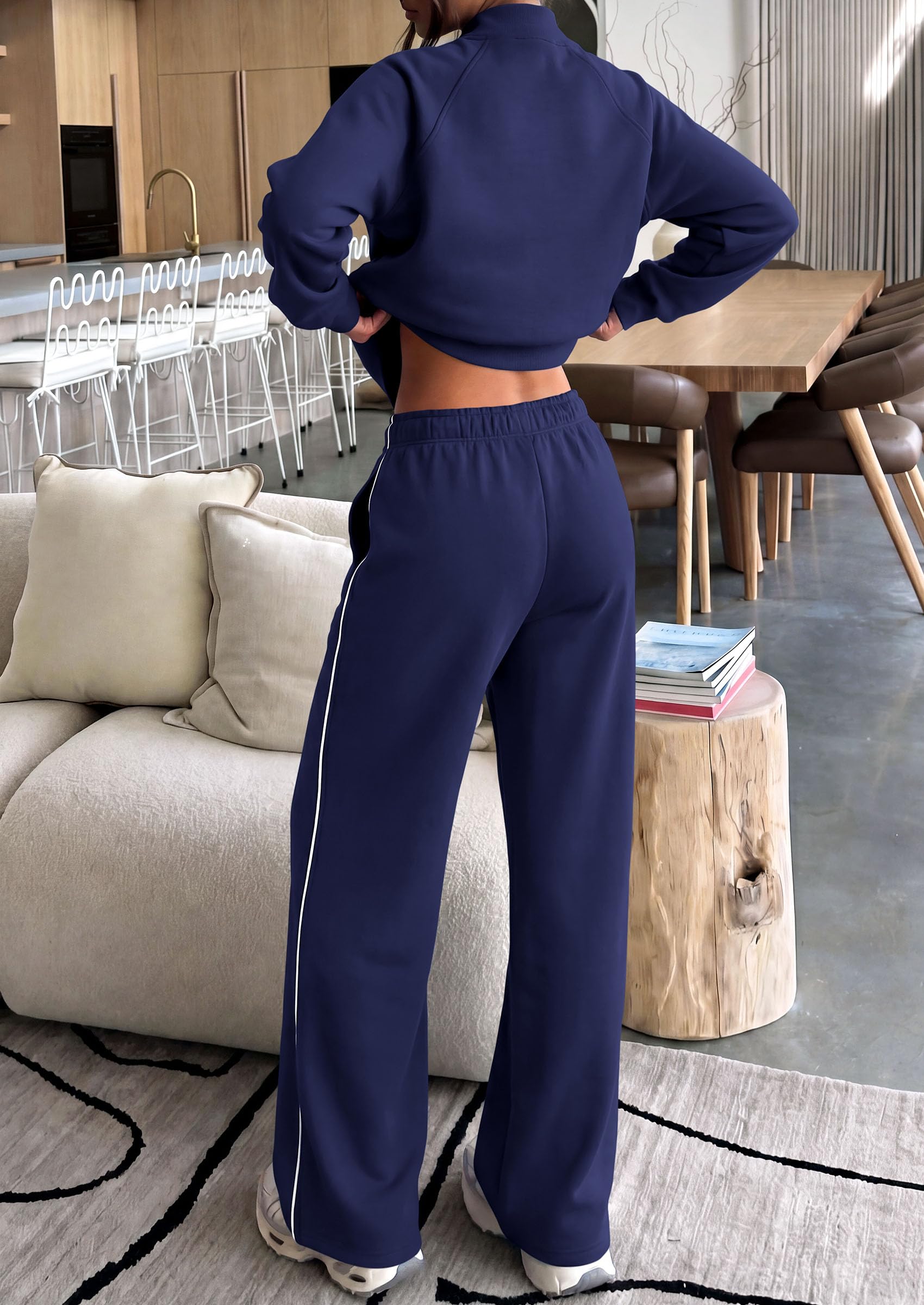 Women's 2 Piece Sweat Set Casual Fall Outfits,Navy Blue,S