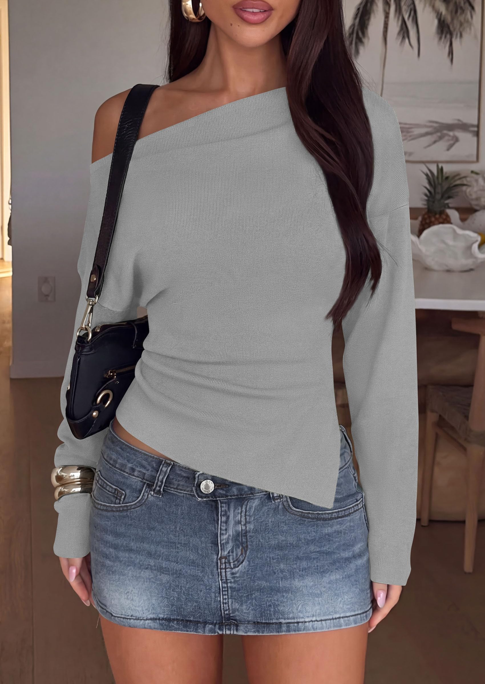 Womens Fall Long Sleeve Off Shoulder Sweater,Grey,S