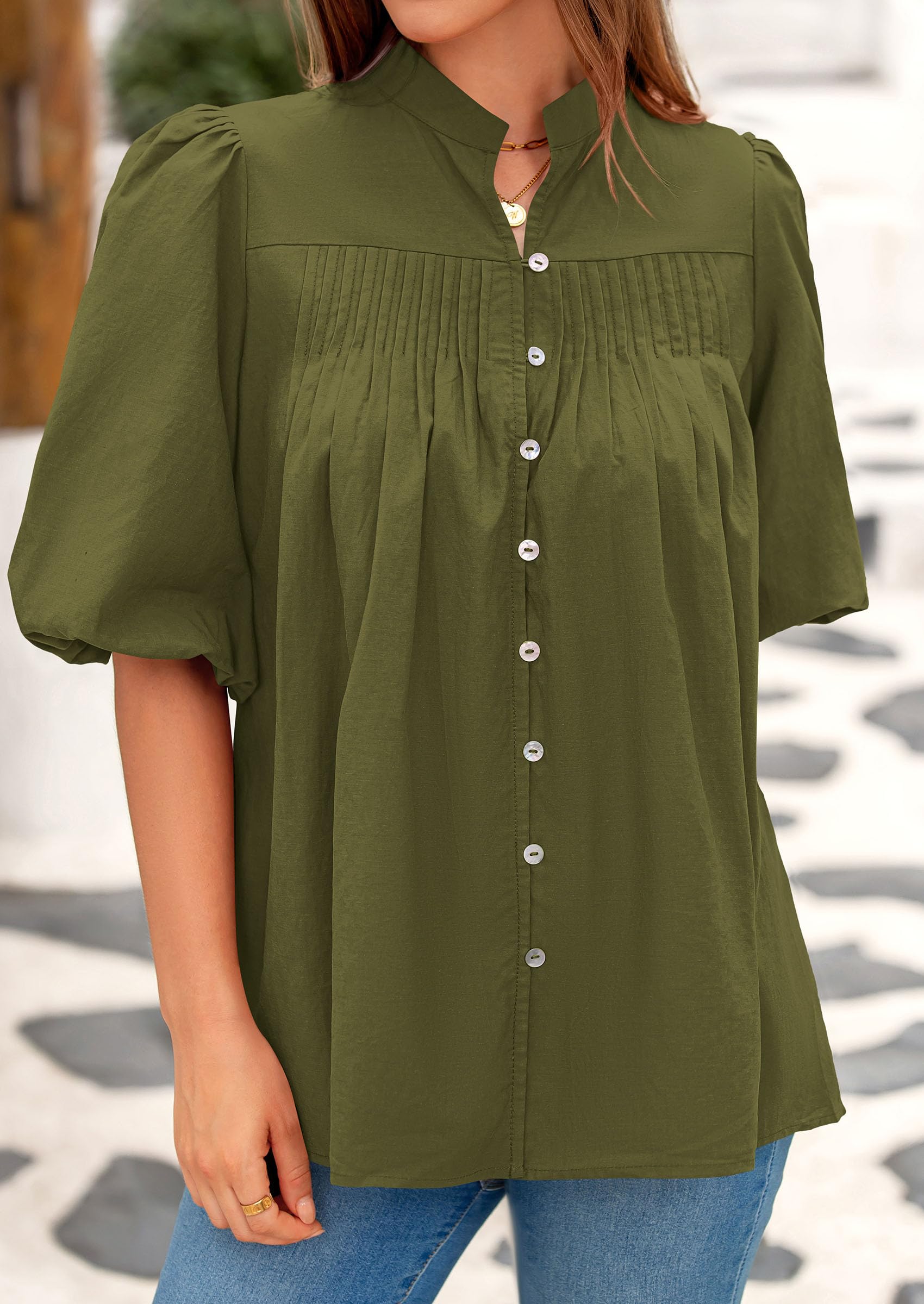 Short Sleeve Henley Shirts for Women,Army Green,S
