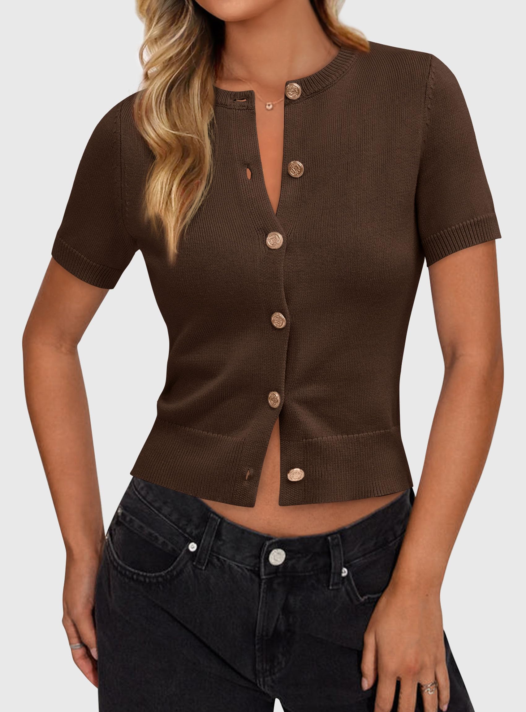 Womens Summer Cardigan Short Sleeve Sweater,Dark Brown,S