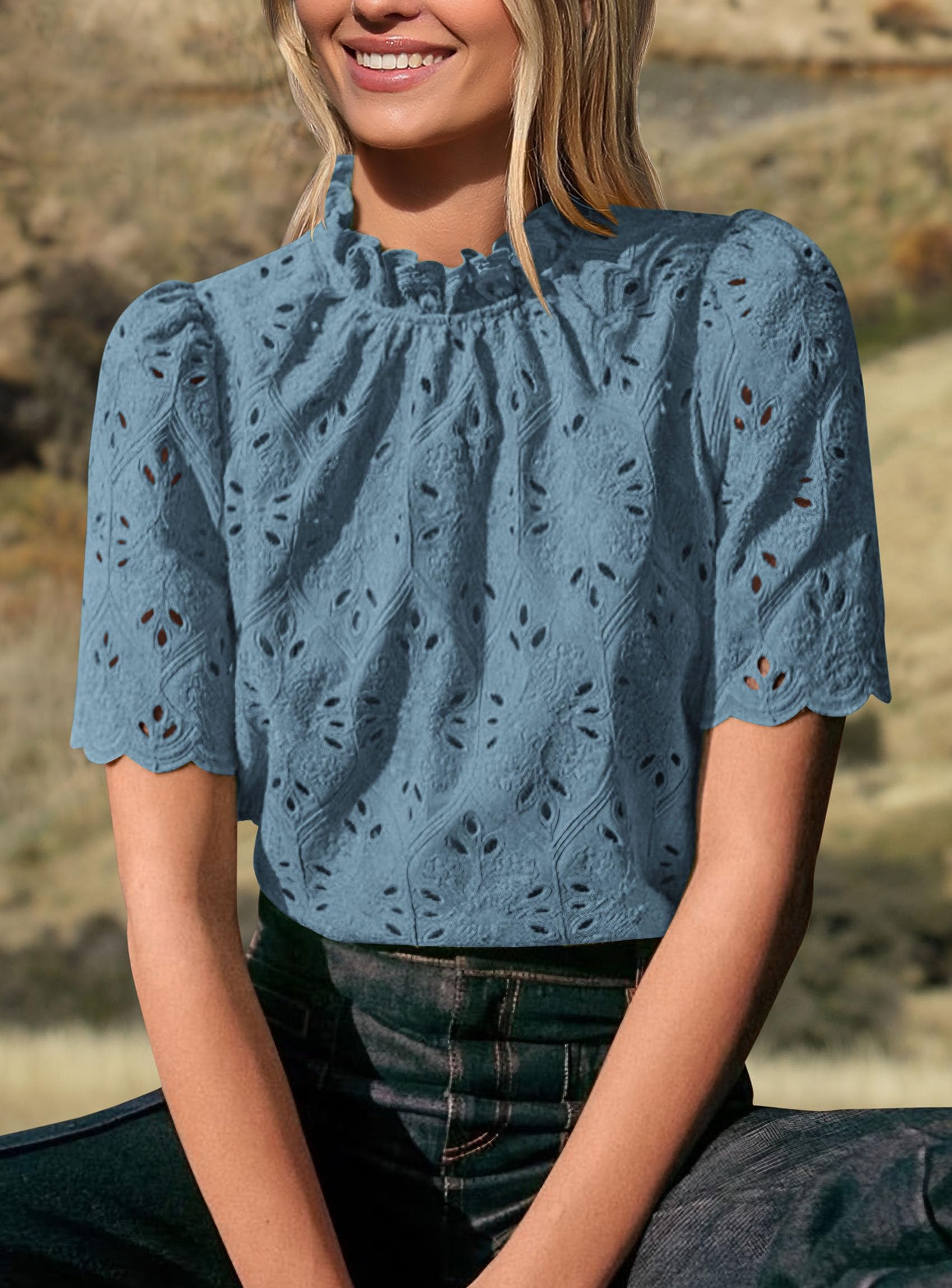 Women Summer Tops Eyelet Embroidered Shirts,Blue Grey,XS