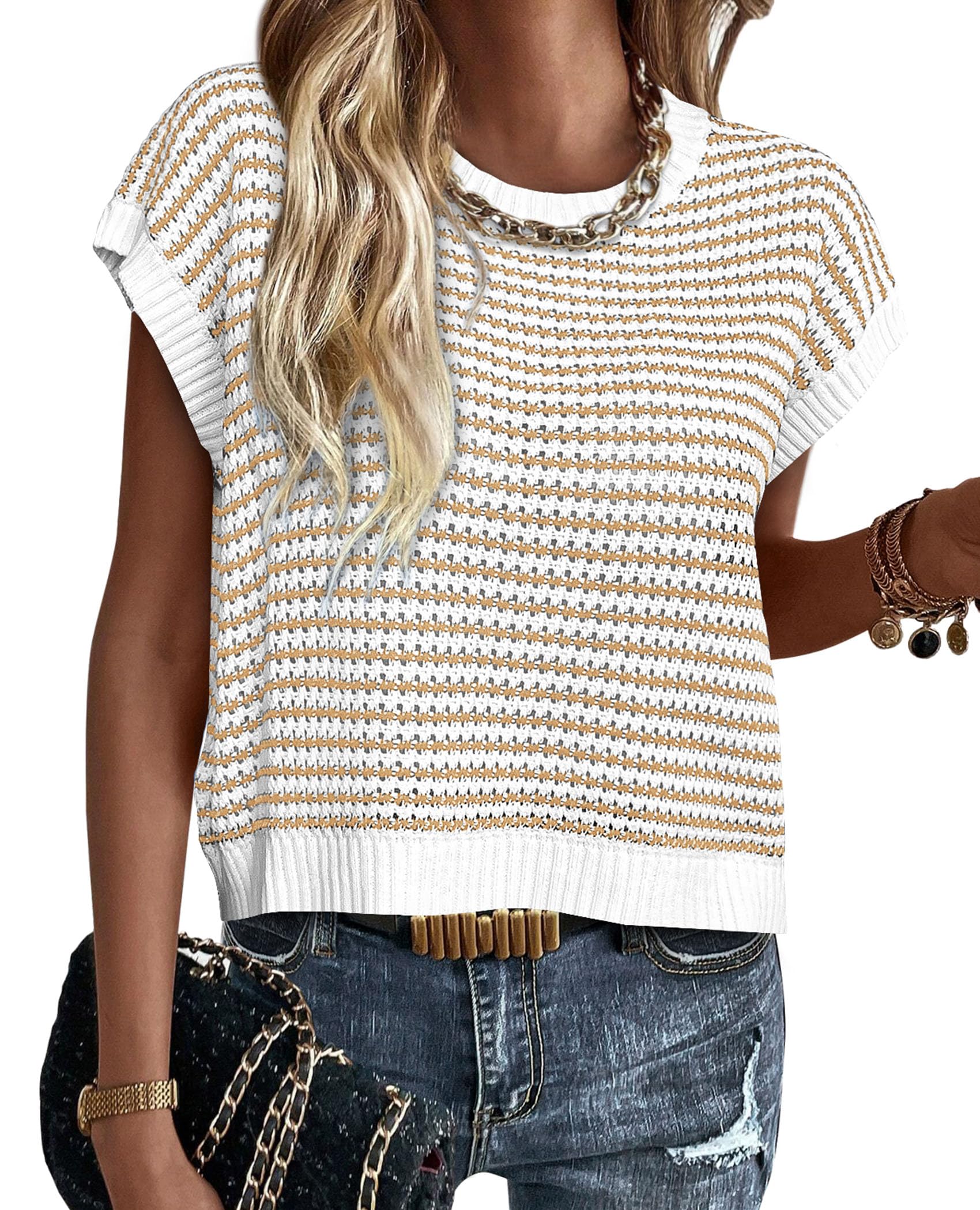 Women's Striped Short Sleeve Sweater Vest Apricot,S