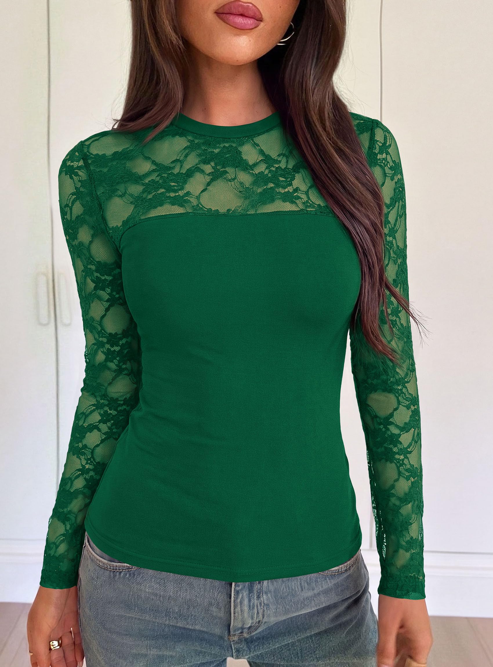 Womens Mesh Sheer Shirts Lace Long Sleeve Tops,Green,S