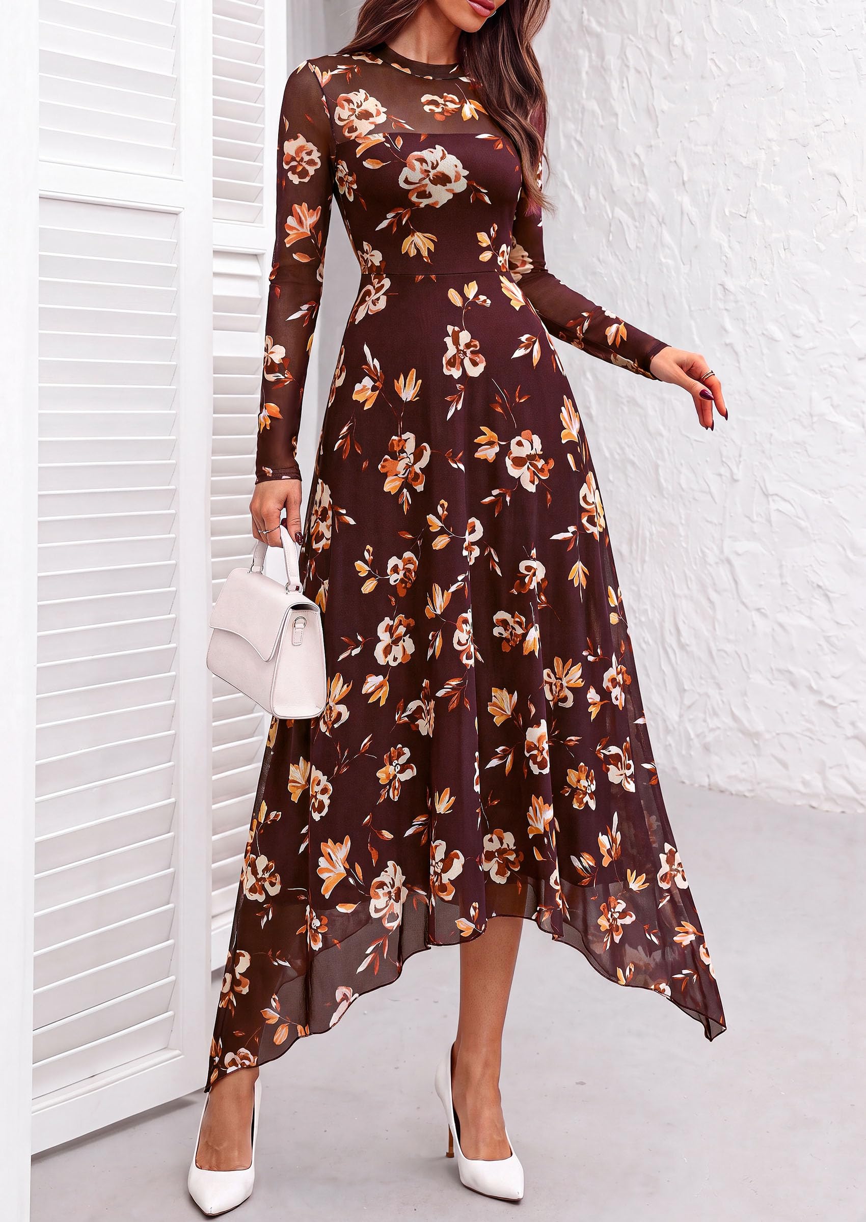 Women's Floral Mesh Midi Dress,Floral Burgundy Yellow,S