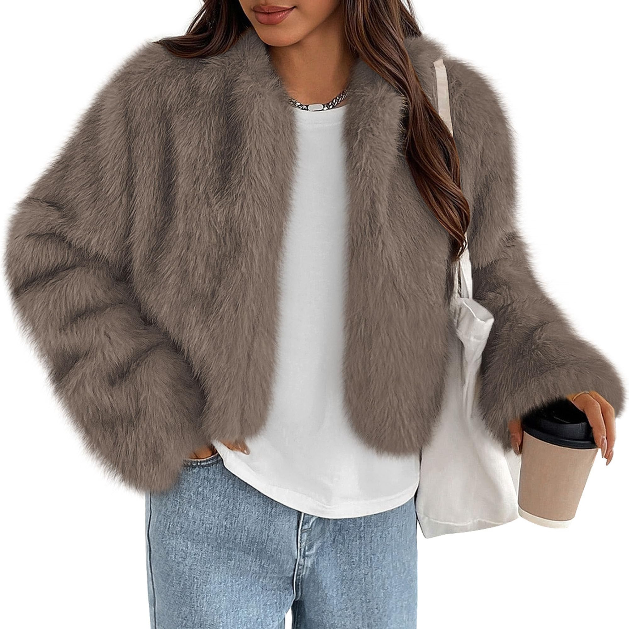 Womens Winter Coats Open Front Faux Fur Jacket,Taupe,XXL