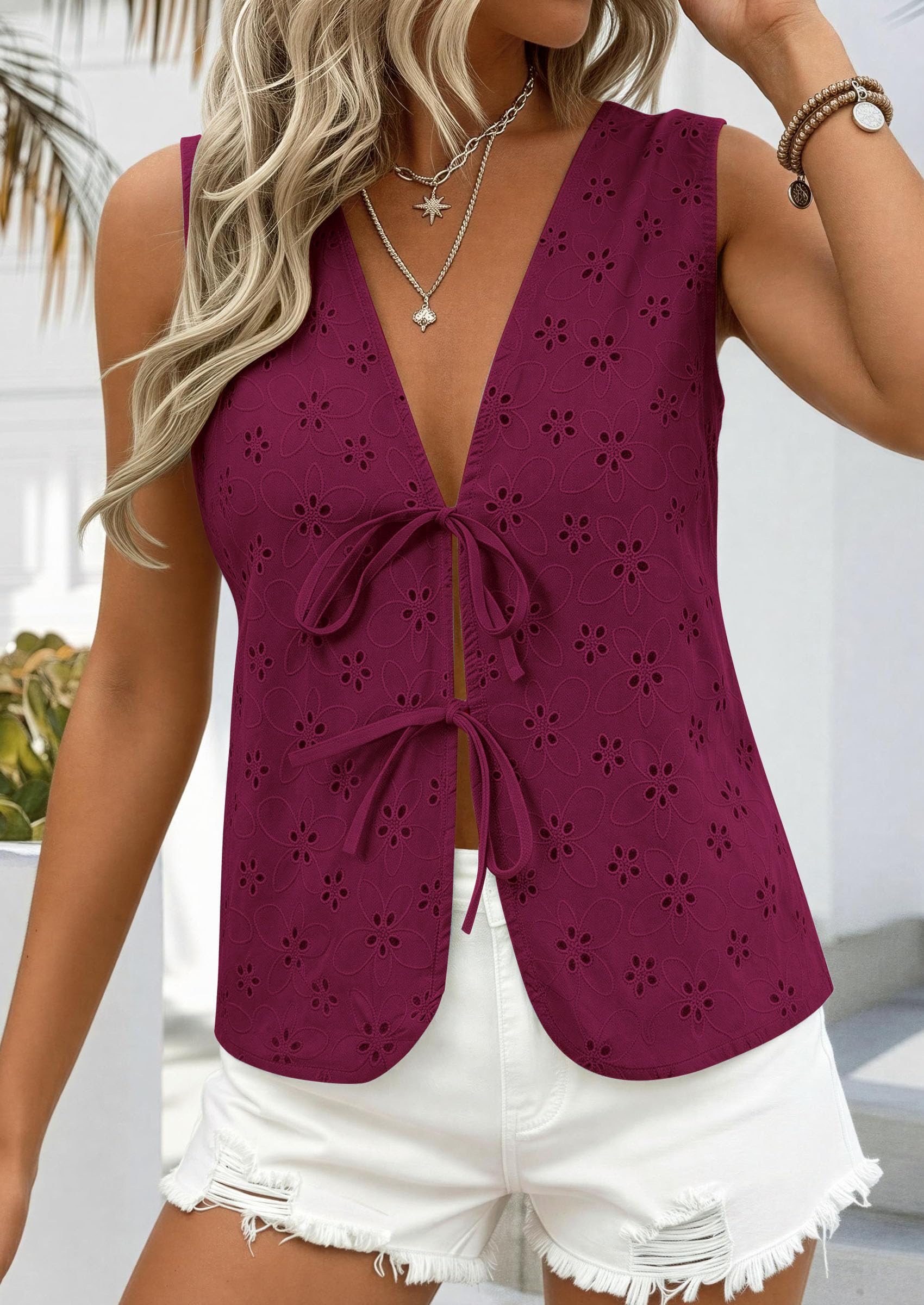 Women's Summer Eyelet Lace Tie Front Vest Tops (Burgundy,S)