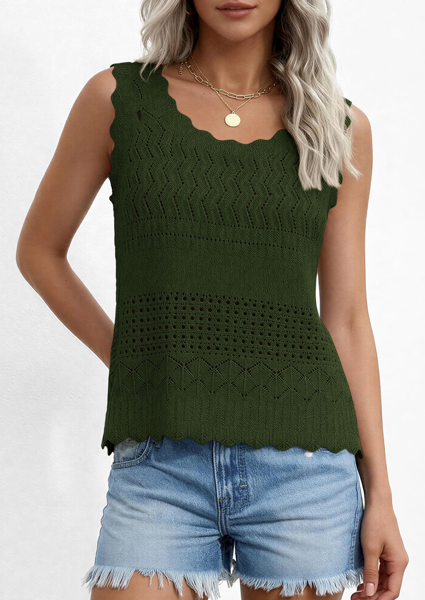 Womens Crochet Tank Tops Knit Sleeveless Vest,Army Green,S