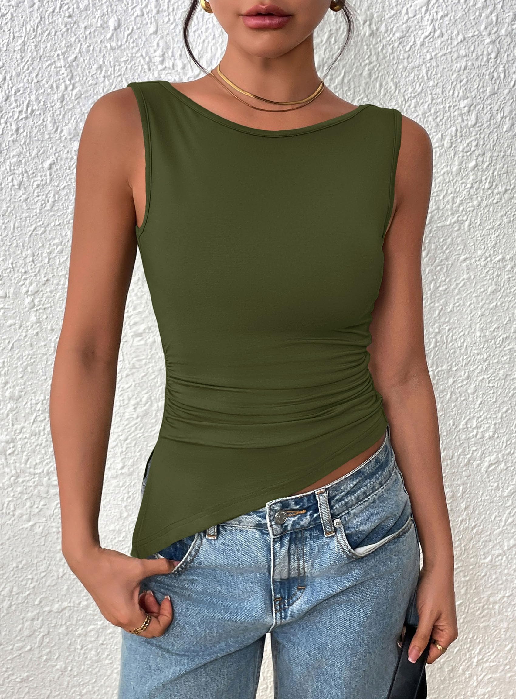 Women's Ruched Tank Tops Summer Y2K Shirts,Army Green,S