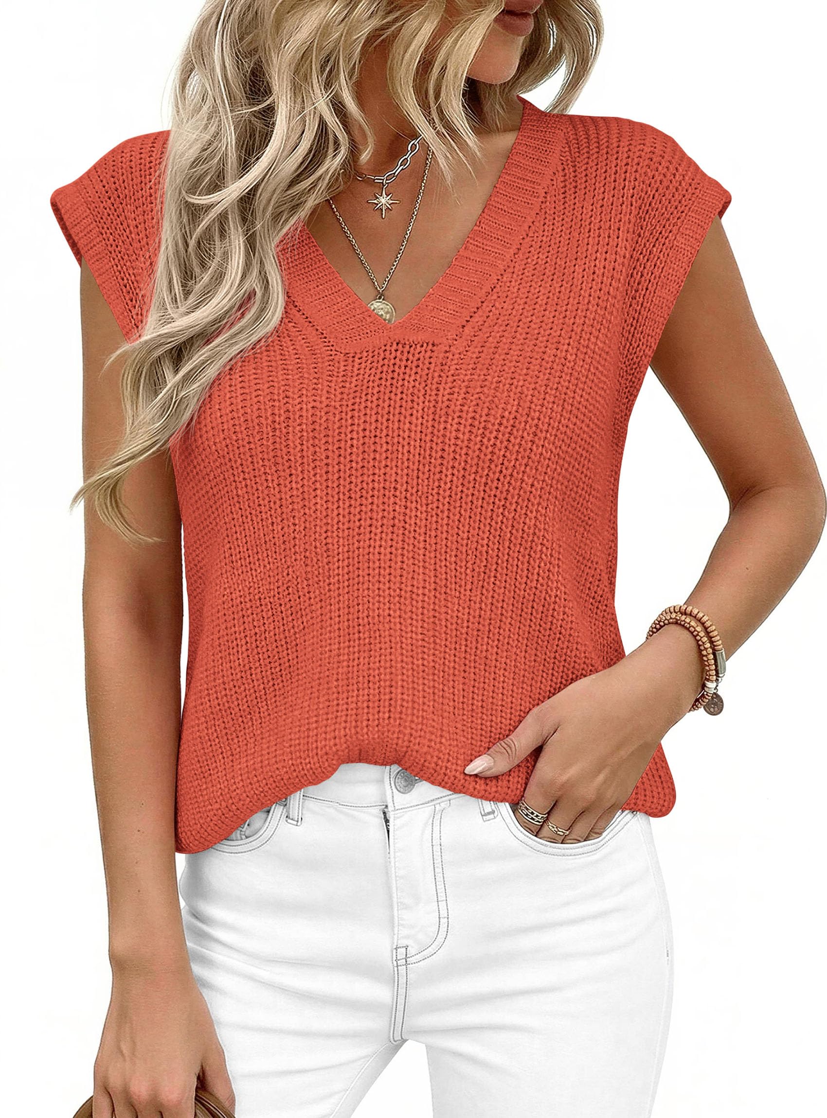 Women's Cap Sleeve Sweaters Vest Summer Tops (Orange,S)
