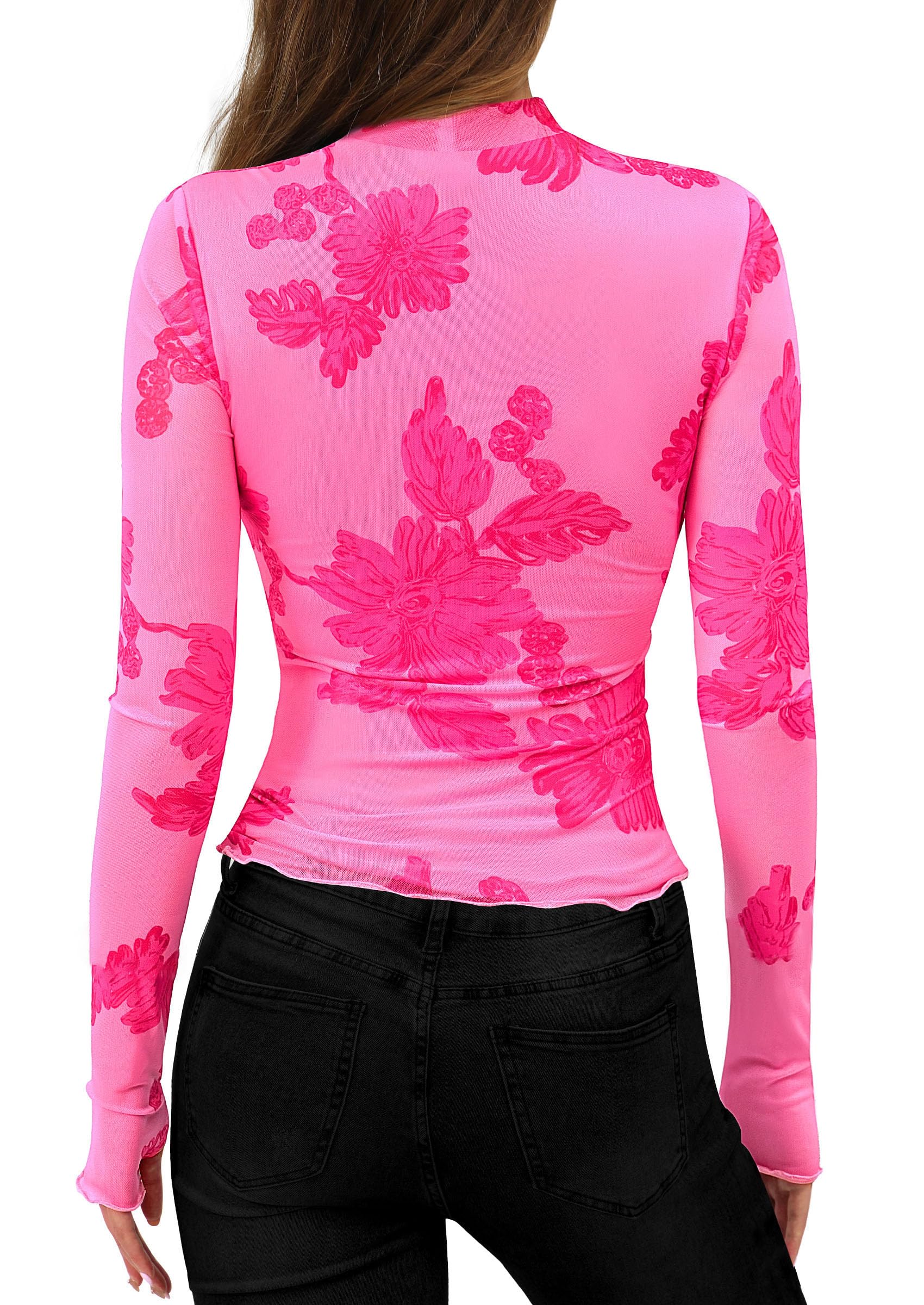 Womens Floral Mesh Long Sleeve Tops Fall Slim Fitted Shirts