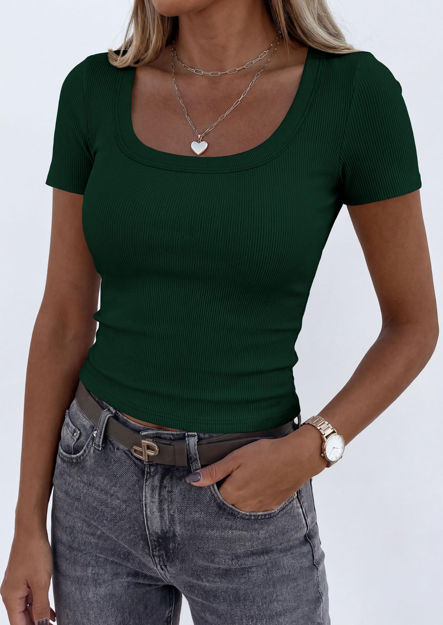 Womens Summer Short Sleeve Scoop Neck Tops,Dark Green,S